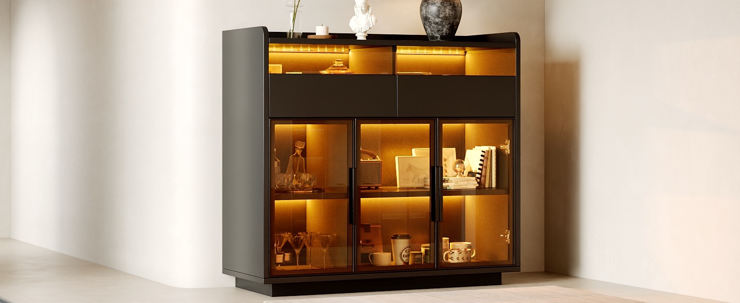 Vitrine Haute Noir - Éclairage LED, 2 Tiroirs, Portes en Verre, Éclairage Connecté - MDF - 100×40×91.5cm - Salon et Salle à Manger 5