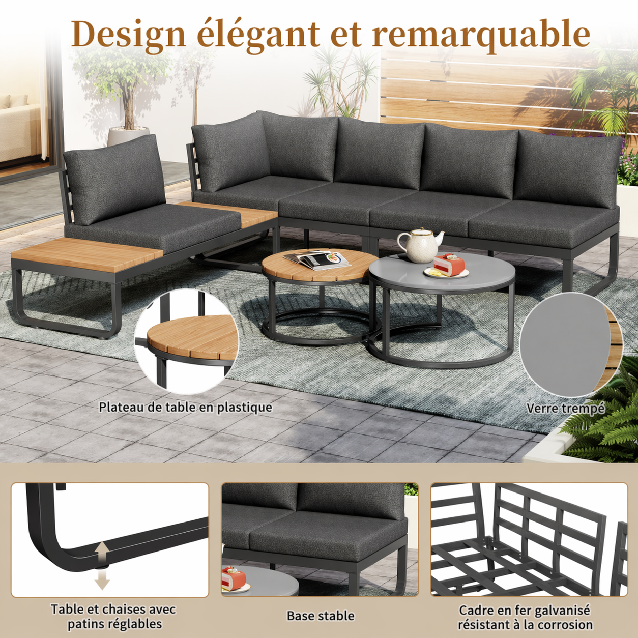 Salon de jardin 4-5 places gris avec tables gigognes