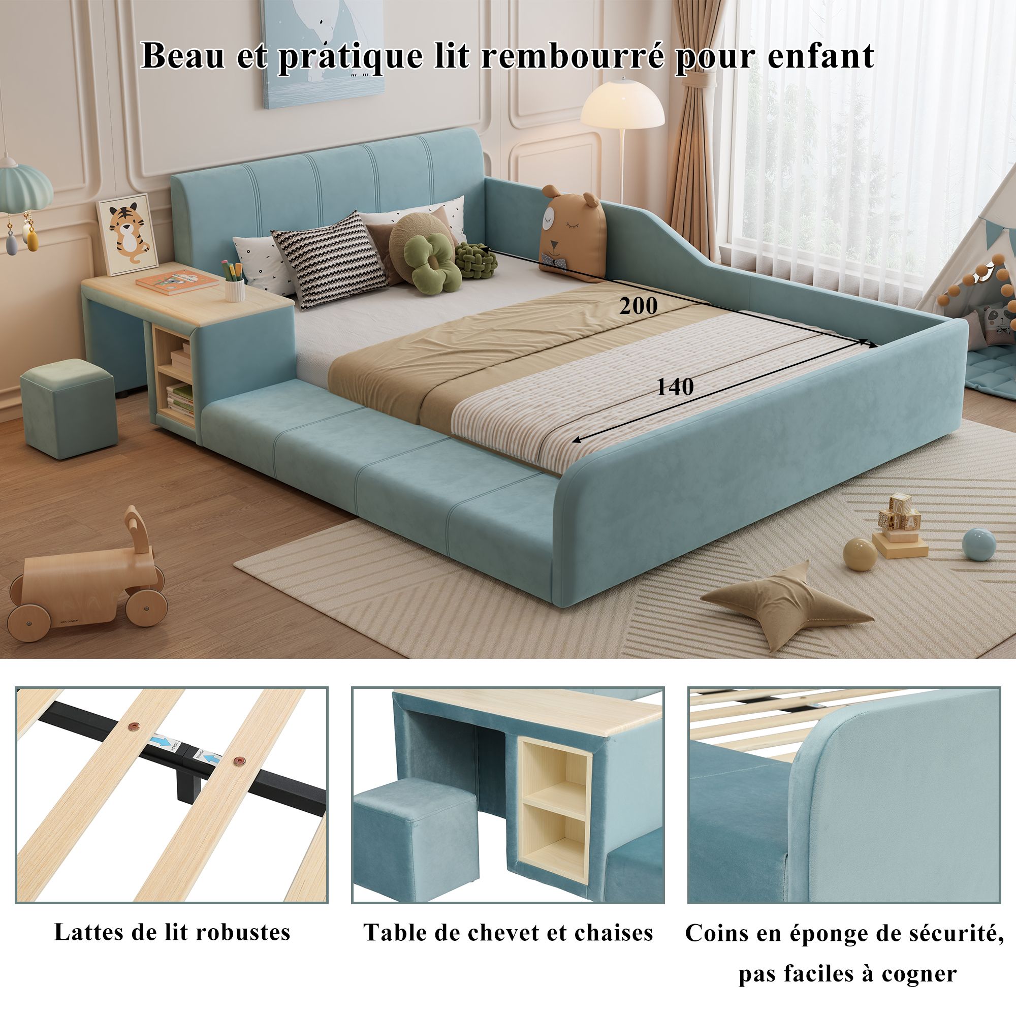 Lit capitonné en velours bleu avec bureau, tabouret et rangement, 140x200 cm 3
