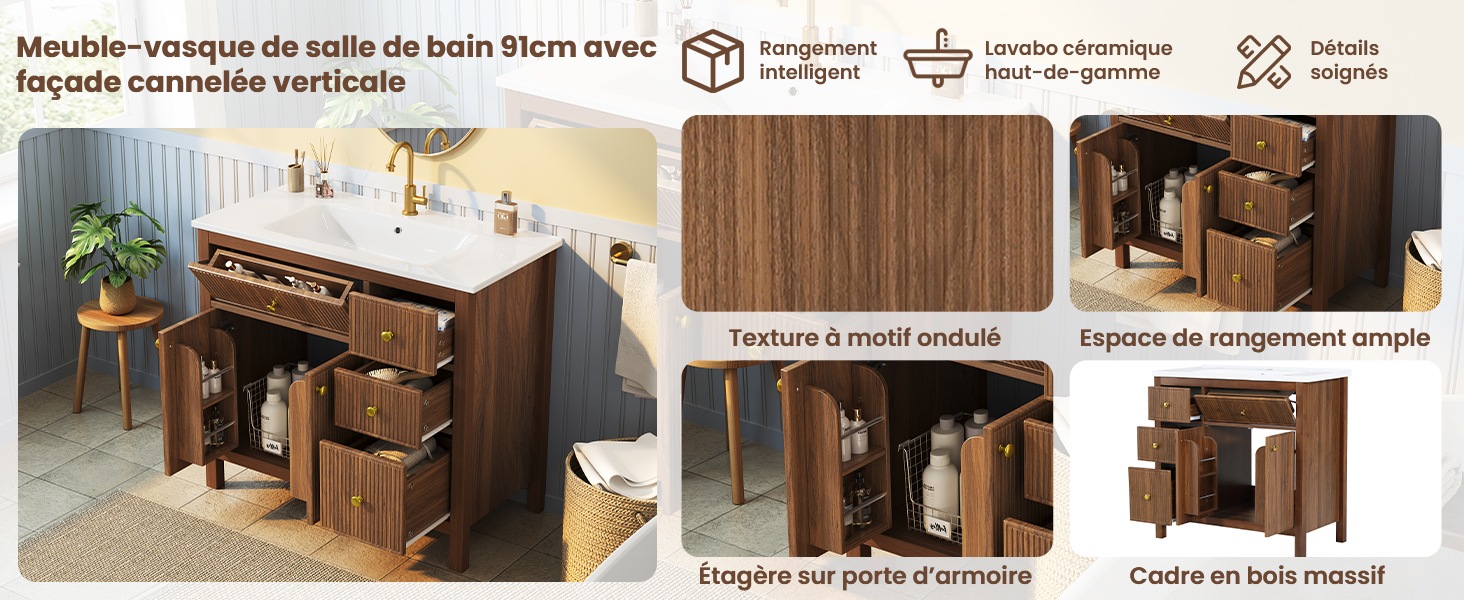 Meuble de Salle de Bain Noyer, Rangement, Fermeture Douce, Plan Relevable - MDF et Bois - 91x48x88cm - Salle de Bain 1