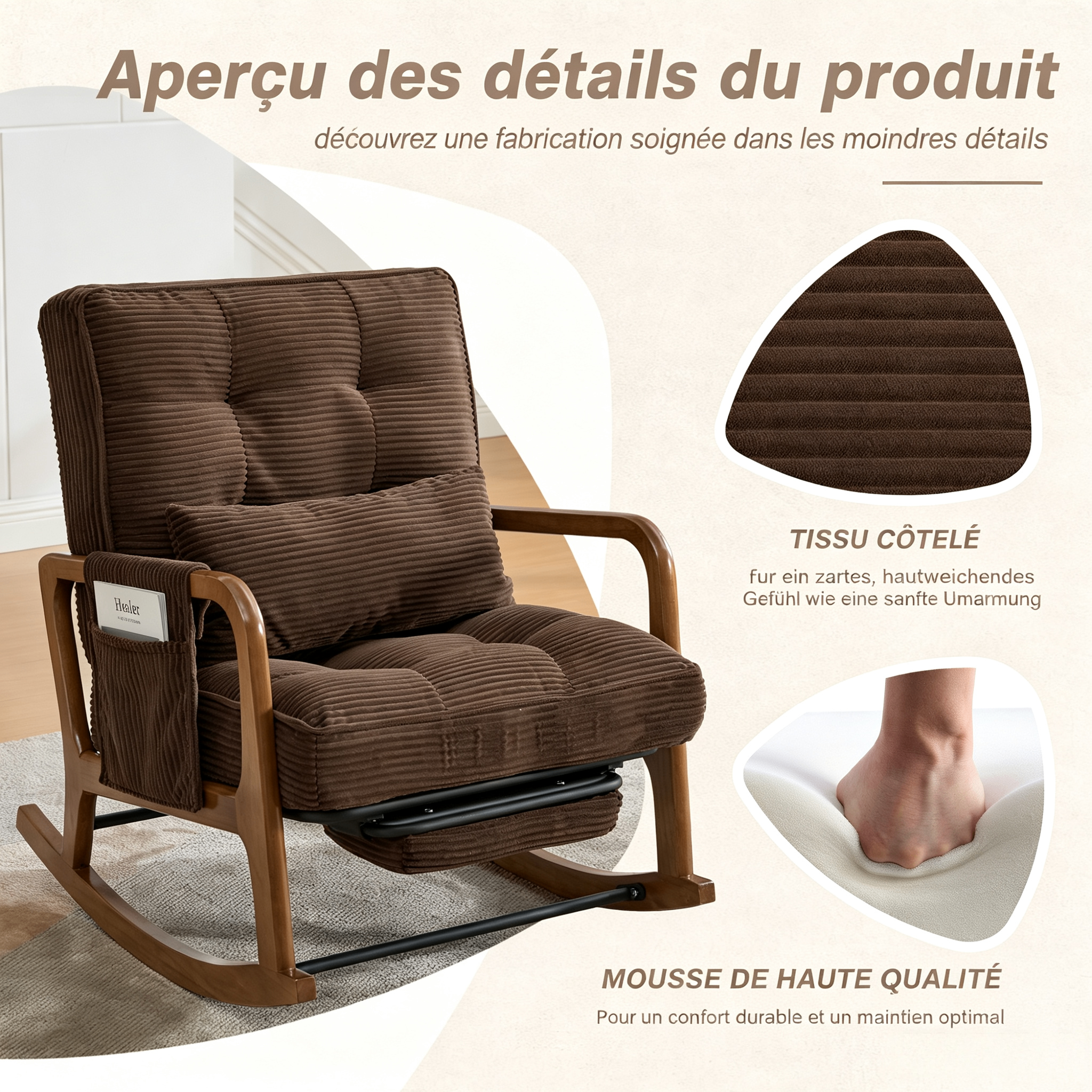 Fauteuil à bascule café en Corduroy - vue 3