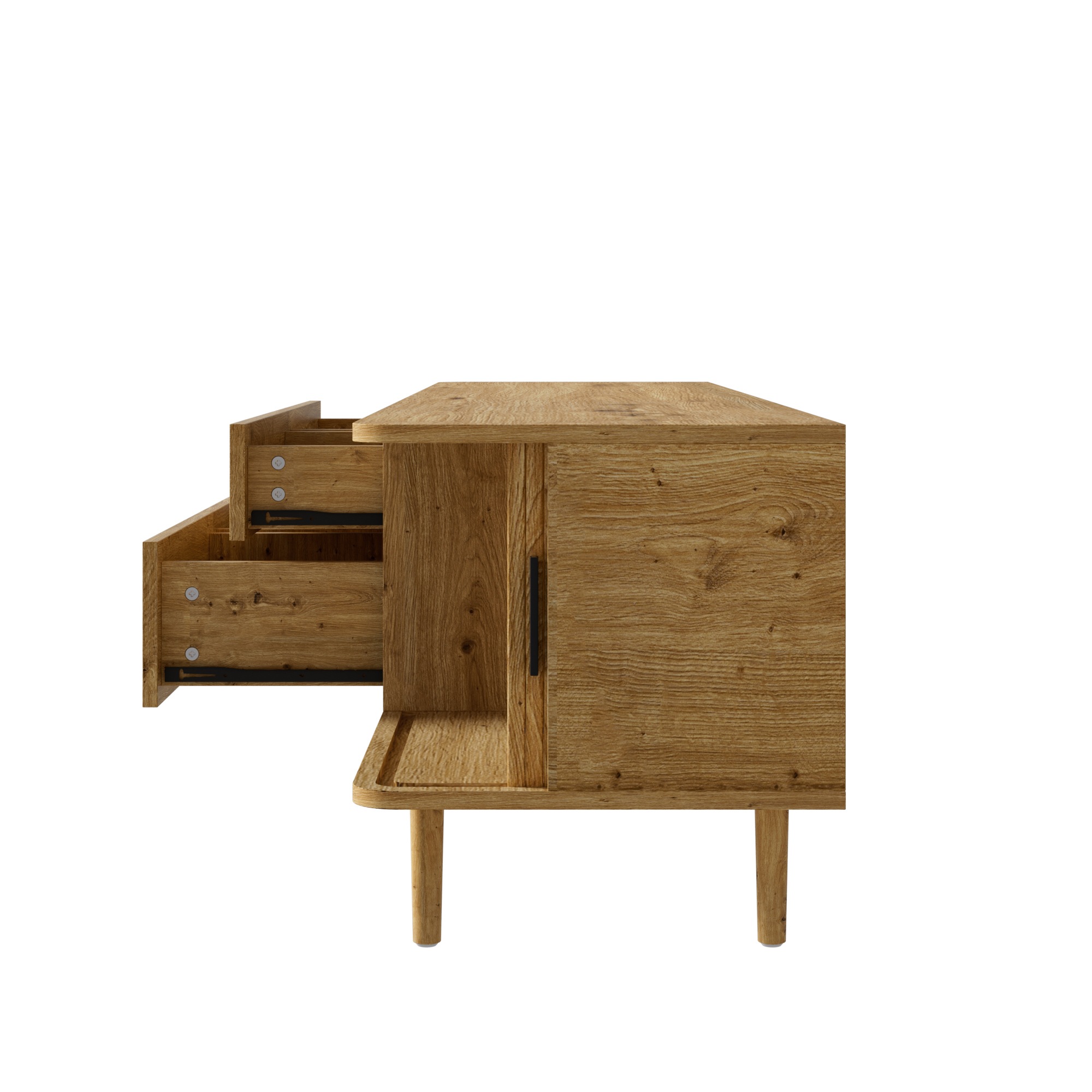 Meuble TV Bois, 4 Tiroirs, Rangement, Gestion des Câbles, Portes Coulissantes, Angles Arrondis - MDF - 165x40x46cm - Salon 5
