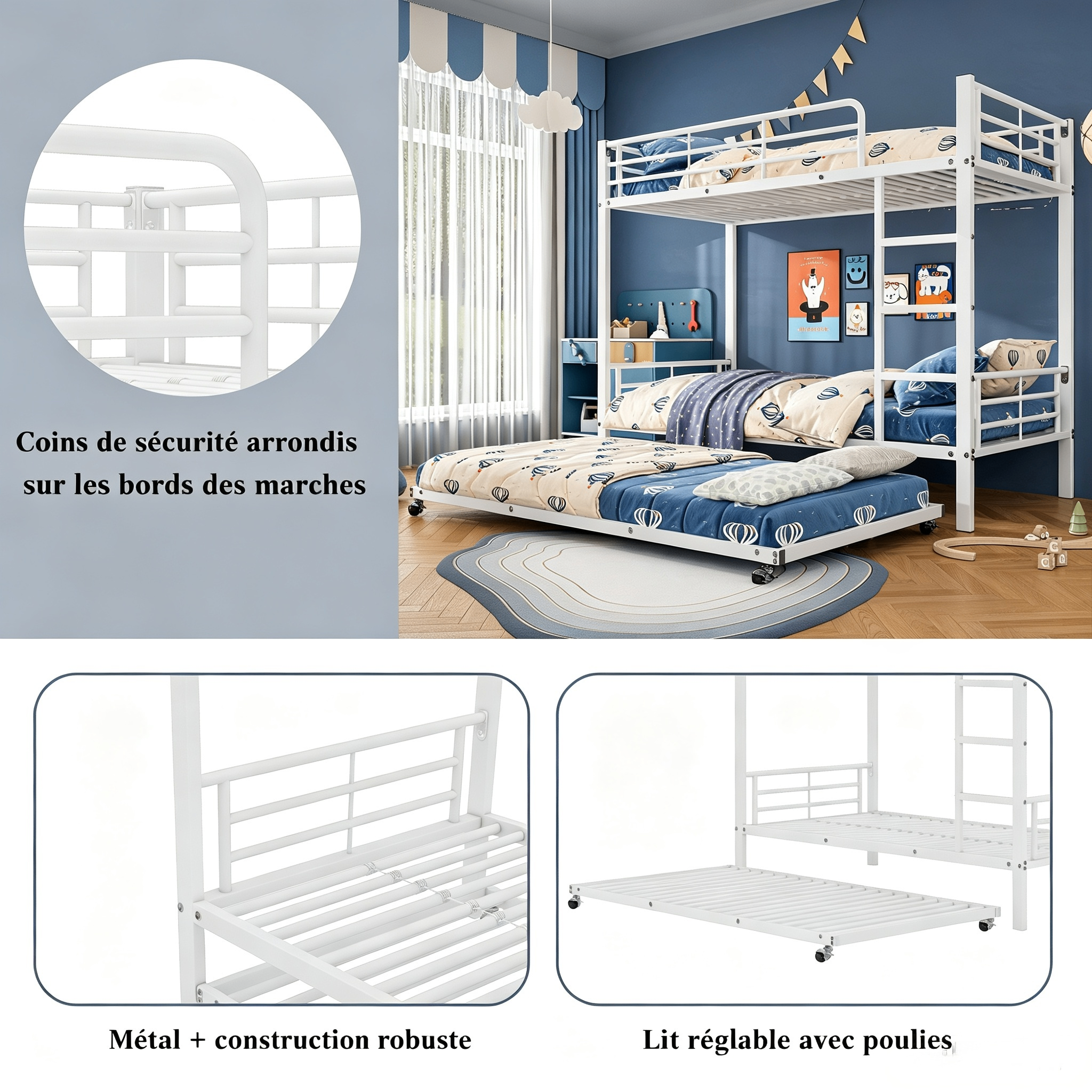 Lit superposé en fer blanc avec lit tirant 90x190 cm, 90x200 cm 5