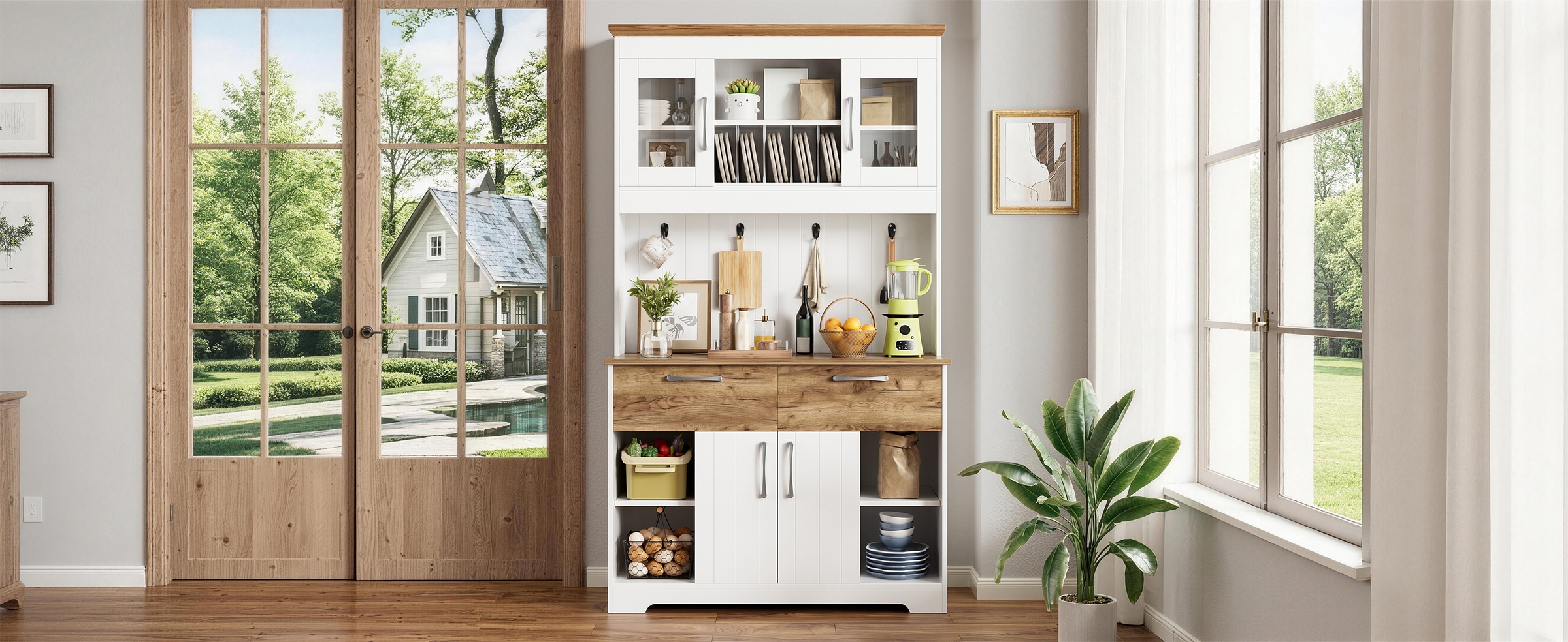Vitrine Bois Naturel et Blanc - 2 Tiroirs, Portes, Étagères, Portes en Verre - Panneaux de Particules - 106×39×176.5cm 1