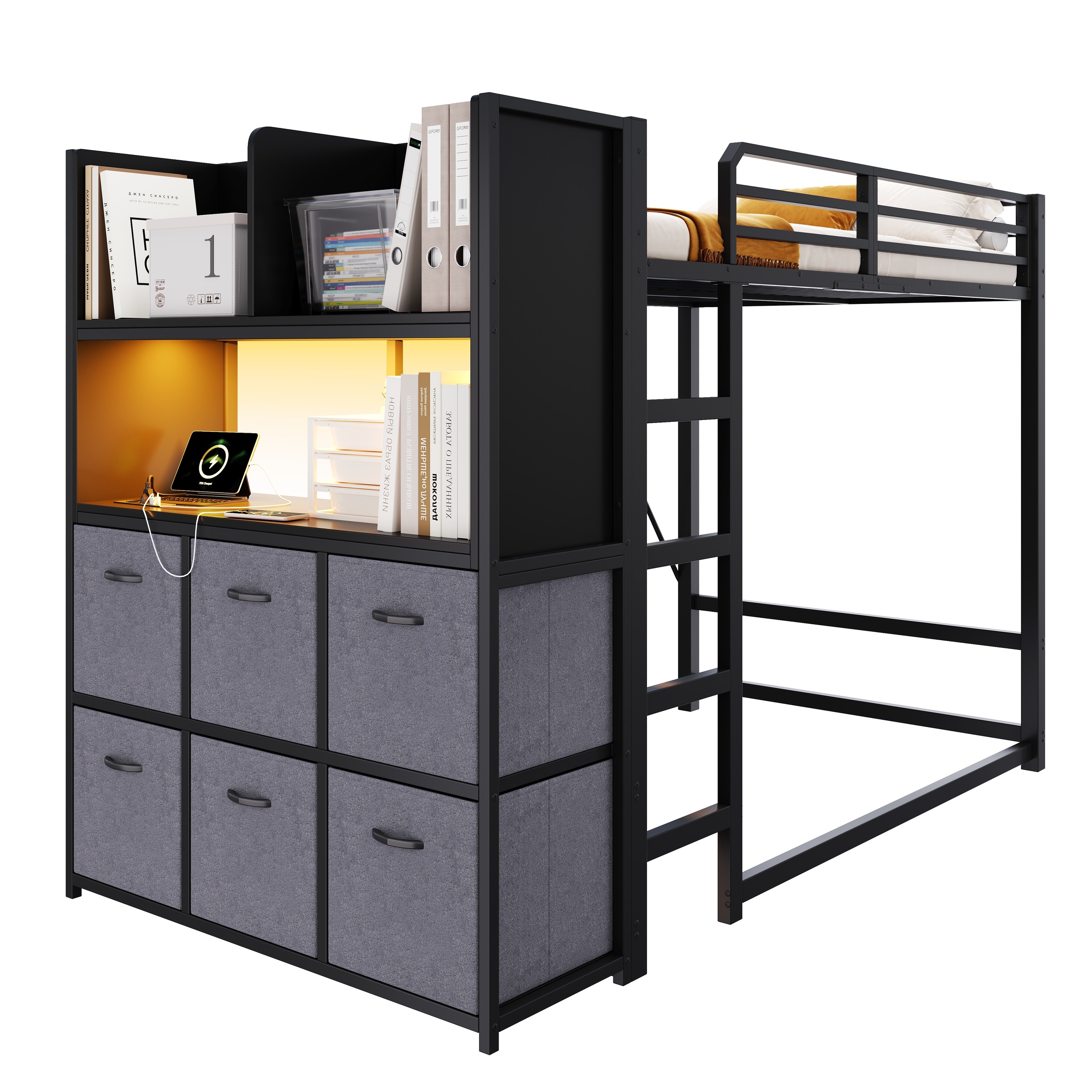 Lit mezzanine 120×200 cm - Structure métal - Échelle - Rangement latéral - Tiroirs tissu - LED - Chargeur - Noir 6