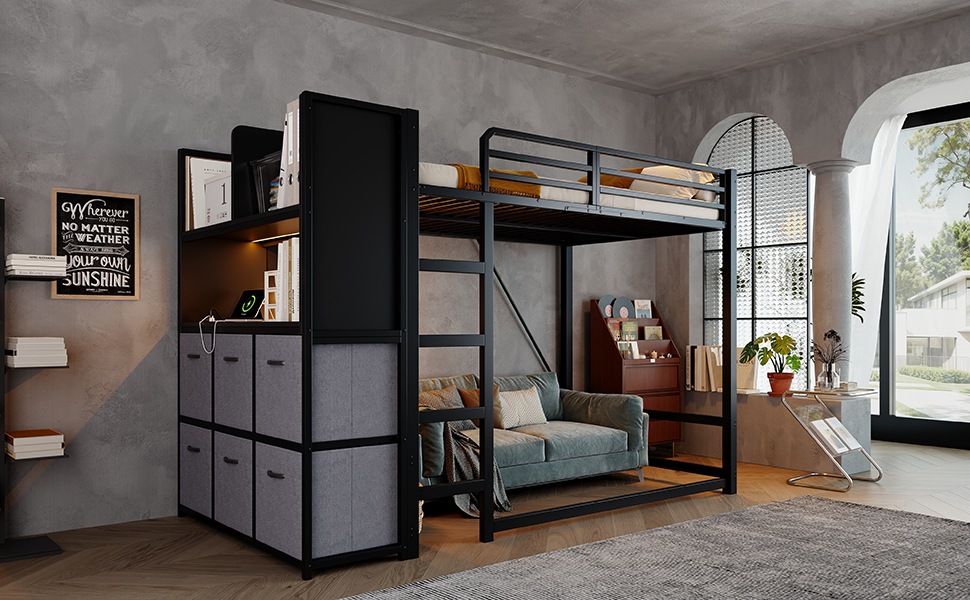 Lit mezzanine 120×200 cm - Structure métal - Échelle - Rangement latéral - Tiroirs tissu - LED - Chargeur - Noir 3