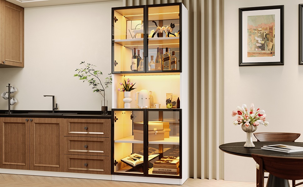 Vitrine Haute Blanc - Éclairage LED, Portes, Étagères, Portes en Verre - MDF et Verre - 70×30×170cm - Salon et Salle à Manger 3