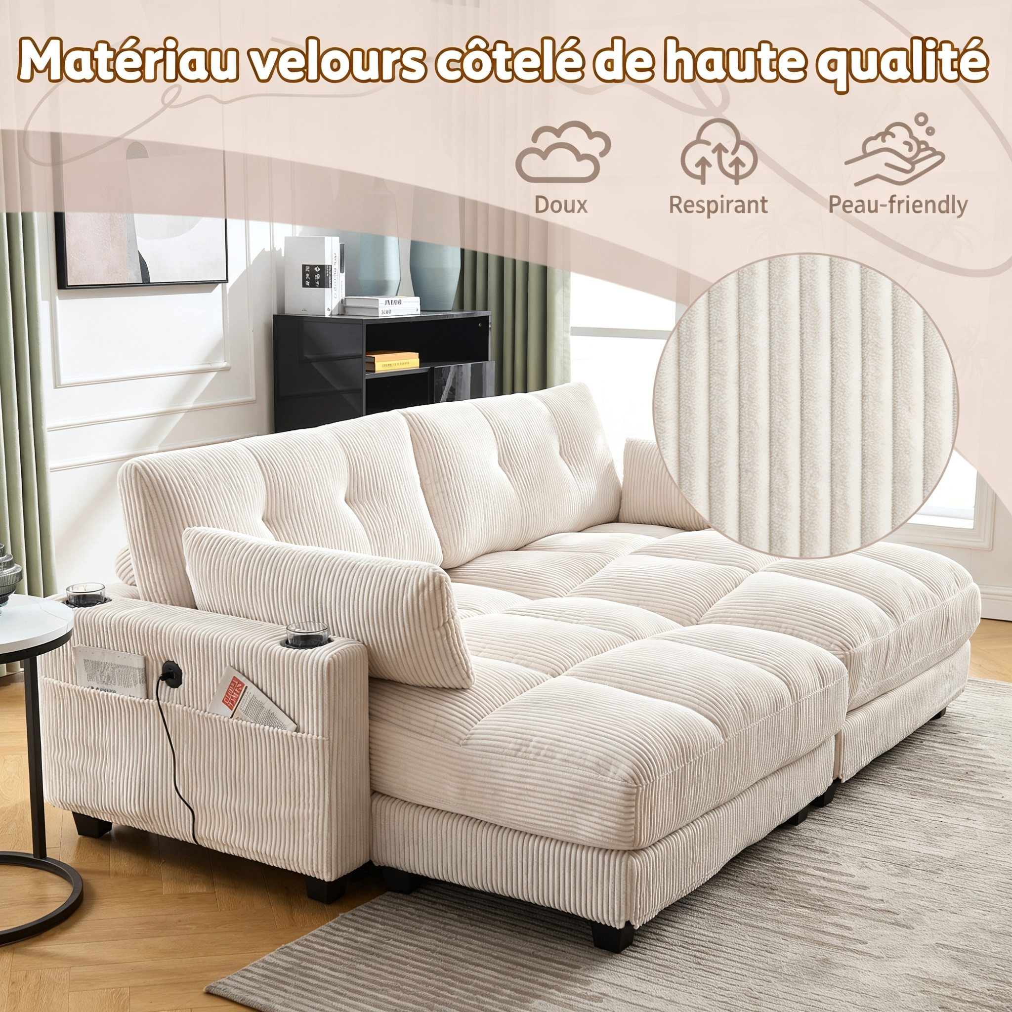 Canapé 2 places beige en corduroy divisible en 2 fauteuils - vue 4