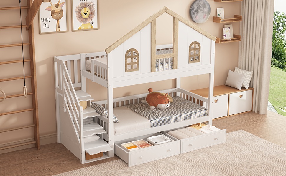 Lit superposé enfant 90×200 cm - Design maison - Escalier de rangement - Tiroirs - Barrière de sécurité - Bois - Blanc et naturel 2