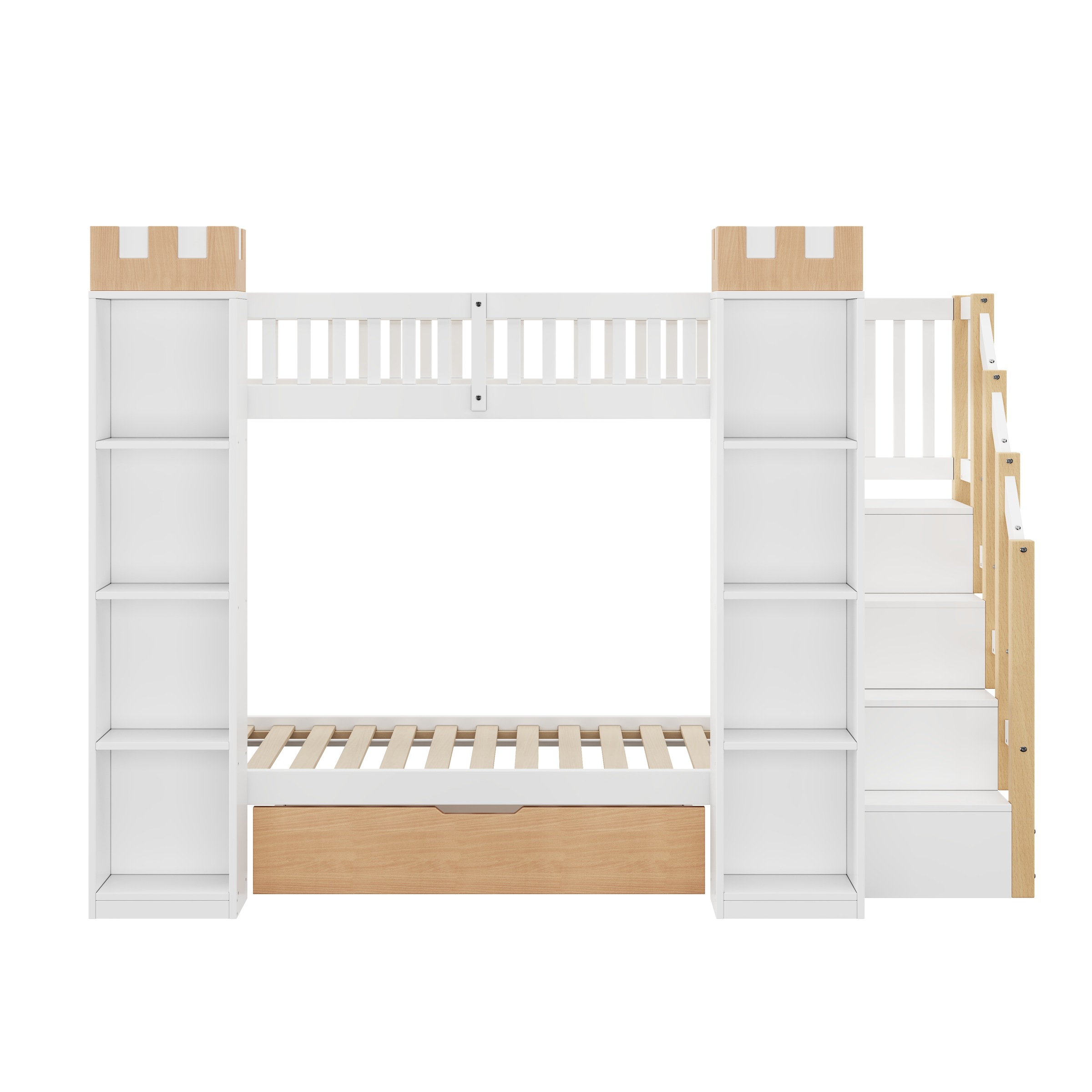Lit superposé enfant 90×200 cm - Tiroir - Barrière anti-chute - Escalier de rangement - Rangement château - Bois - Blanc et naturel 3