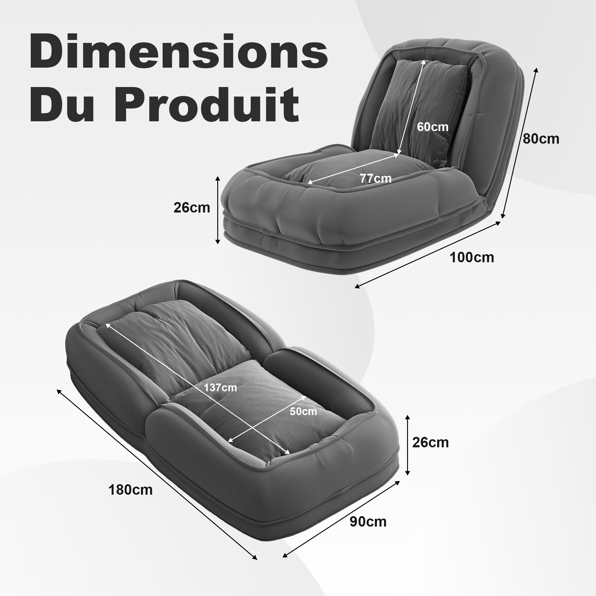 Canapé-lit pliable gris 180x90x26 cm 5 positions - vue 4