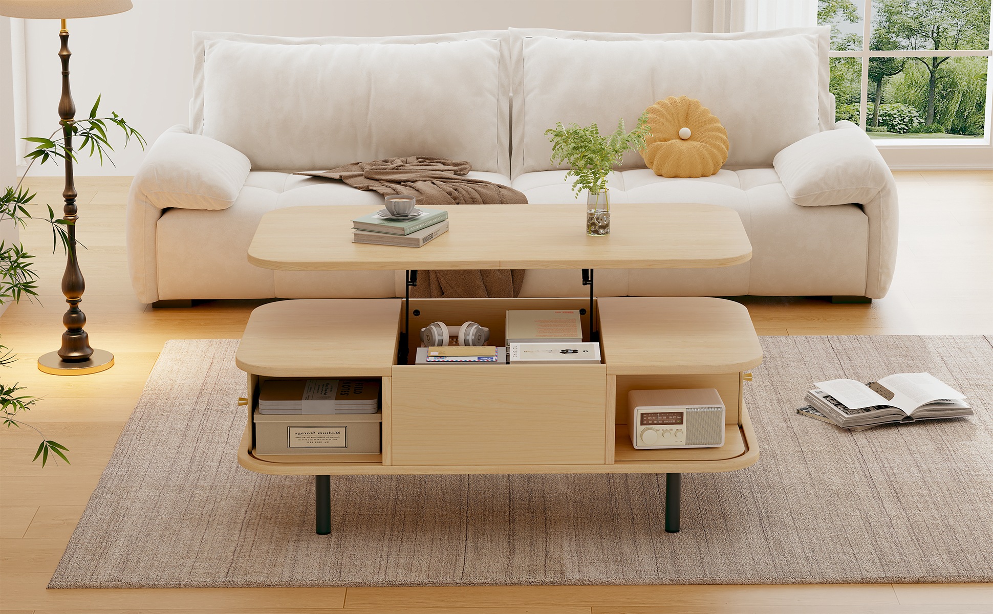 Table Basse Bois Naturel - Plateau Relevable, 2 Portes à Rideau, 3 Compartiments de Rangement, Format Carré - MDF - 101×51×52.5cm 4