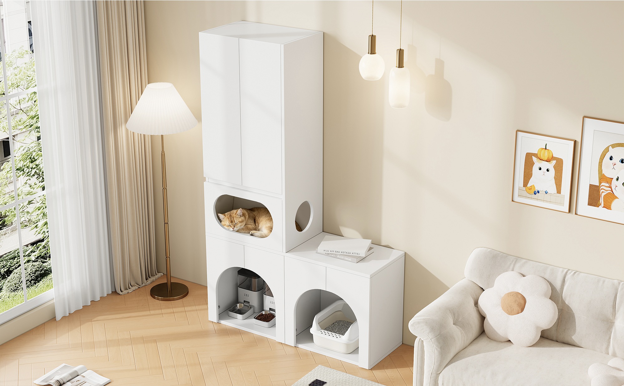 Bac à Litière pour Chat Blanc, Pour 2 Bacs à Litière, Niche Ovale, Zone de Repos, Rangement - MDF - 140x45x195cm - Maison 1