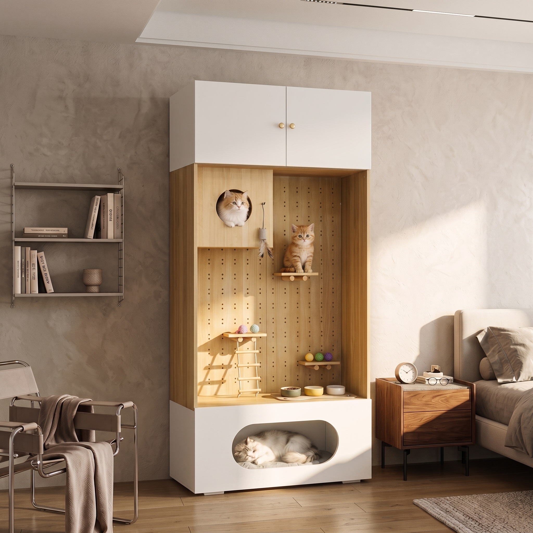 Armoire pour Chat Blanc et Bois, Mur d Escalade, Cachette Chat, Coussin Doux, Rangement - Particules et Bois - 90x50x200cm - Maison 3