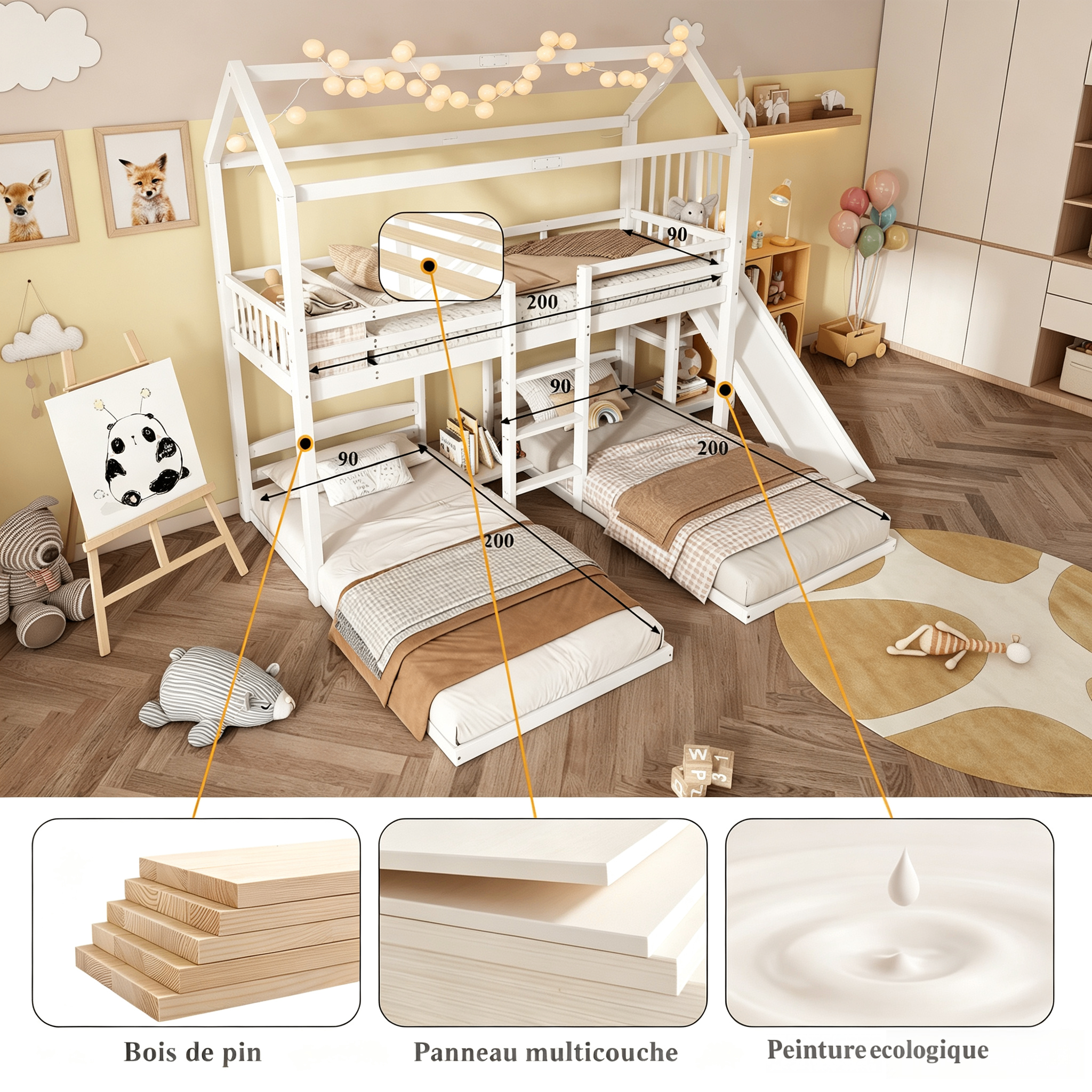 Lit superposé enfant avec toit, toboggan et rangement intégré, pin et MDF, blanc, 90x200 cm 5