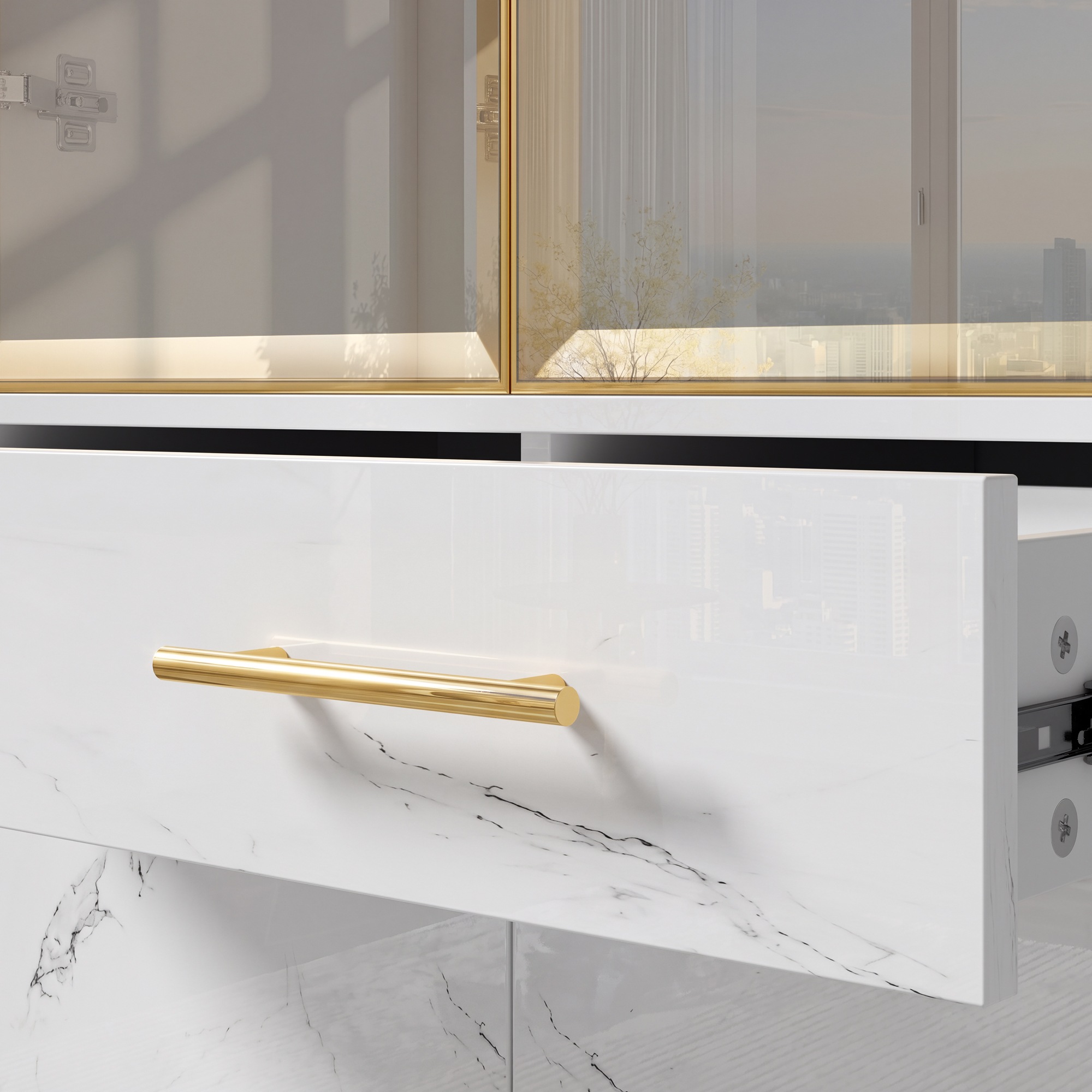Vitrine Haute Blanc - Éclairage LED, 2 Tiroirs, Portes, Étagères, Portes en Verre - MDF et Panneaux de Particules - 75×38×170cm 3