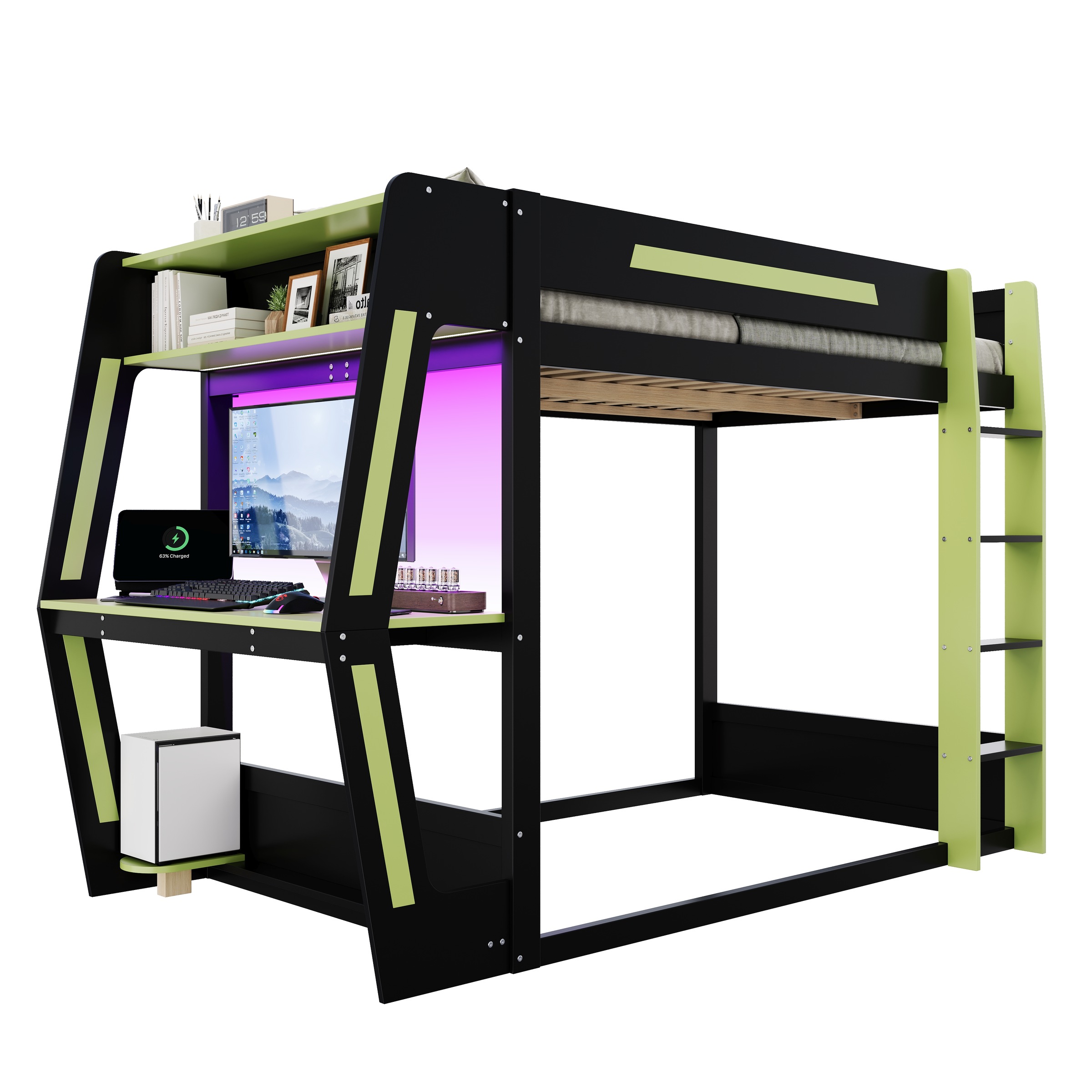 Lit mezzanine gamer 120×200 cm - Bureau gaming - Espace PC - Rangement - LED - Structure métal - Noir et vert 6