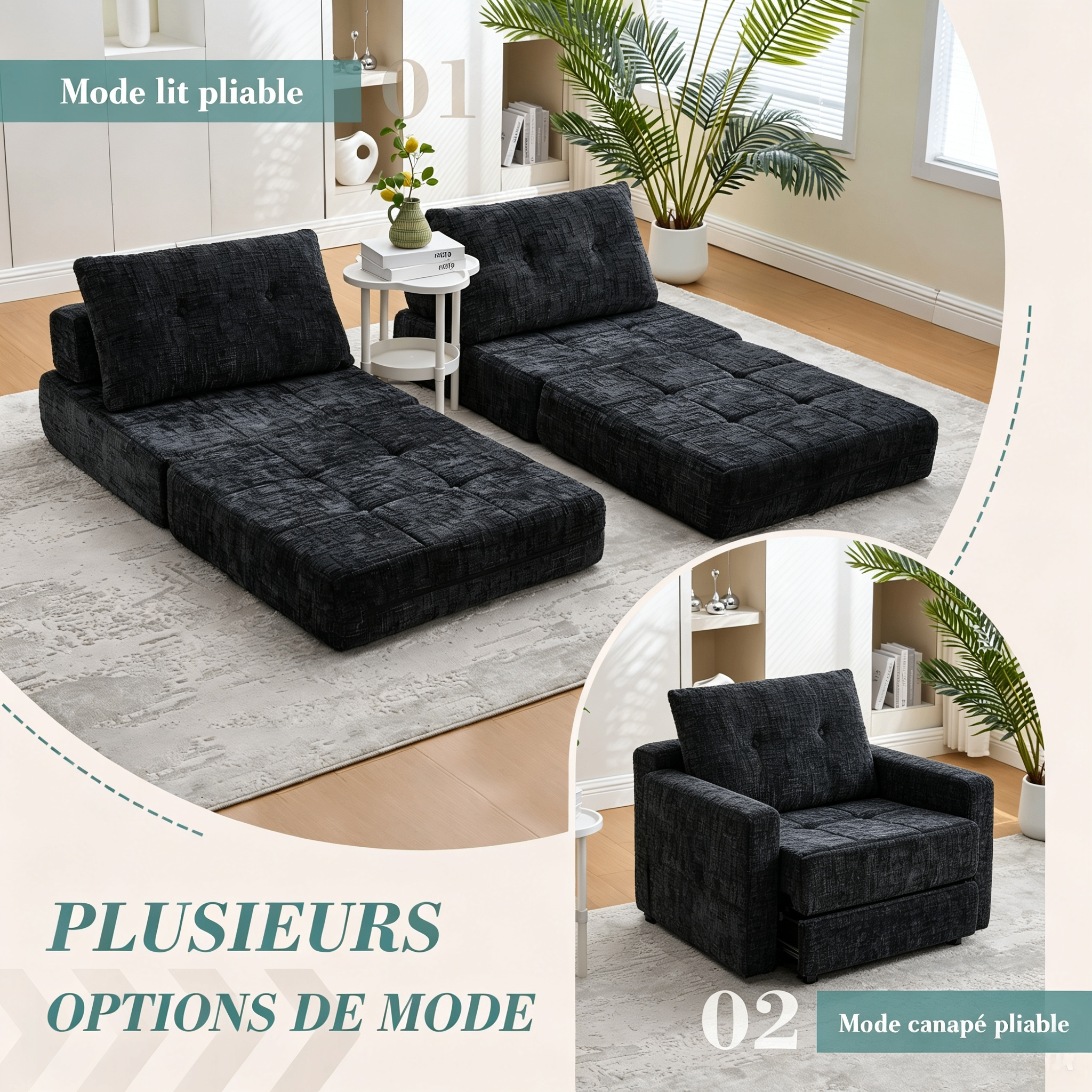 Canapé-lit pliable noir chenille avec coussin 79x79x57 cm - vue 4