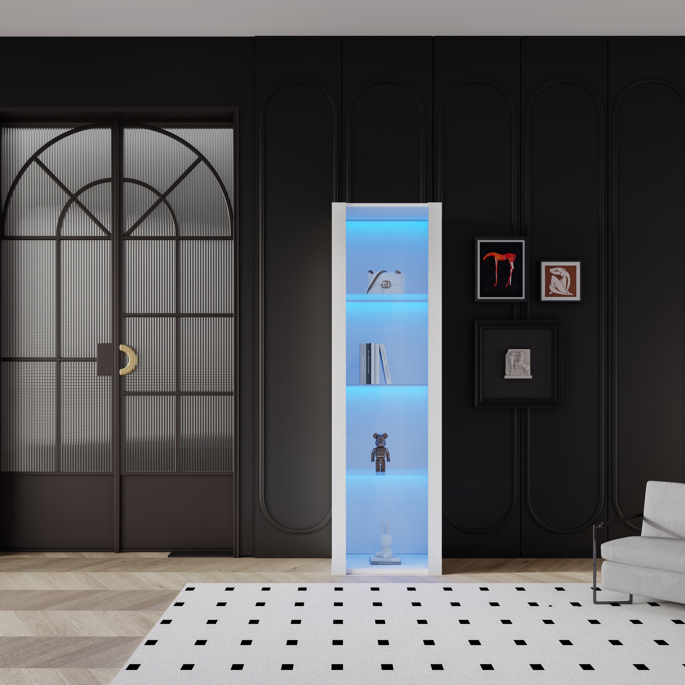Vitrine Haute Blanc - Éclairage LED, Étagères, Portes en Verre, Éclairage Connecté - Panneaux de Particules - 55×38×166cm 3