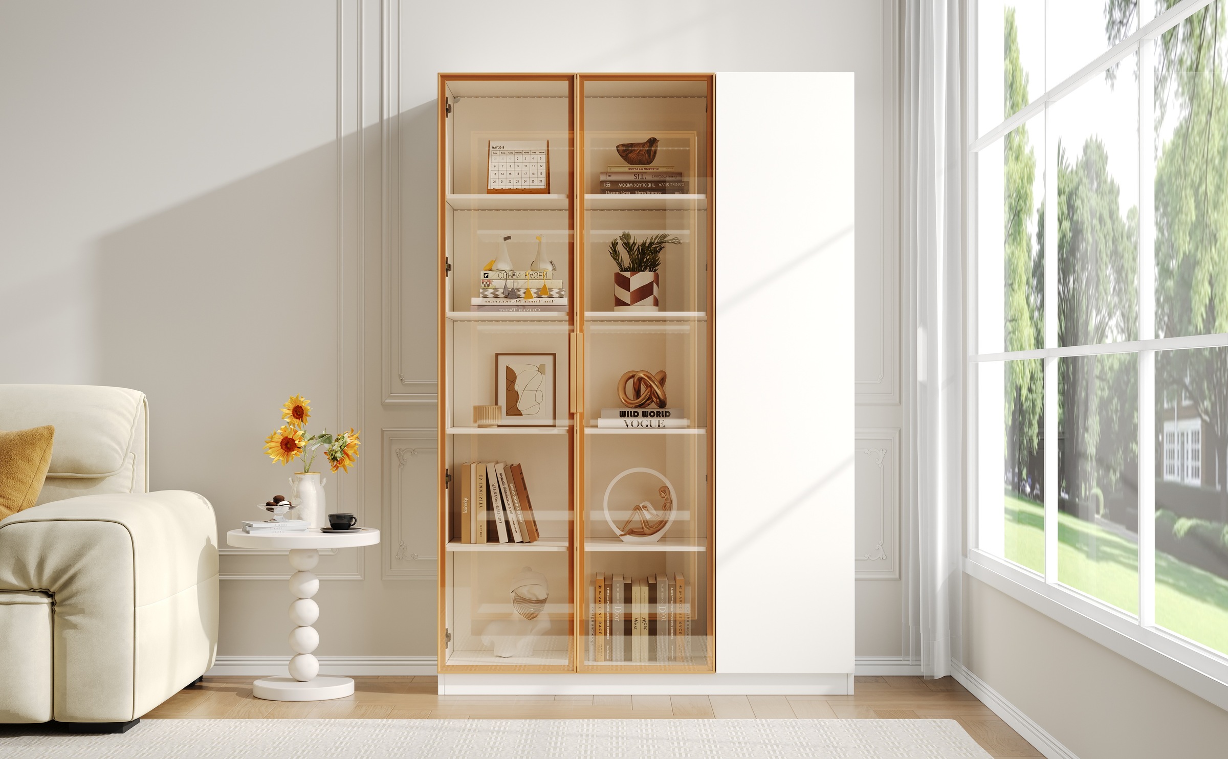 Vitrine Haute Blanc - Éclairage LED, 3 Portes, Étagères, Portes en Verre, Rangement à Vin - MDF - 110×35×165cm 2