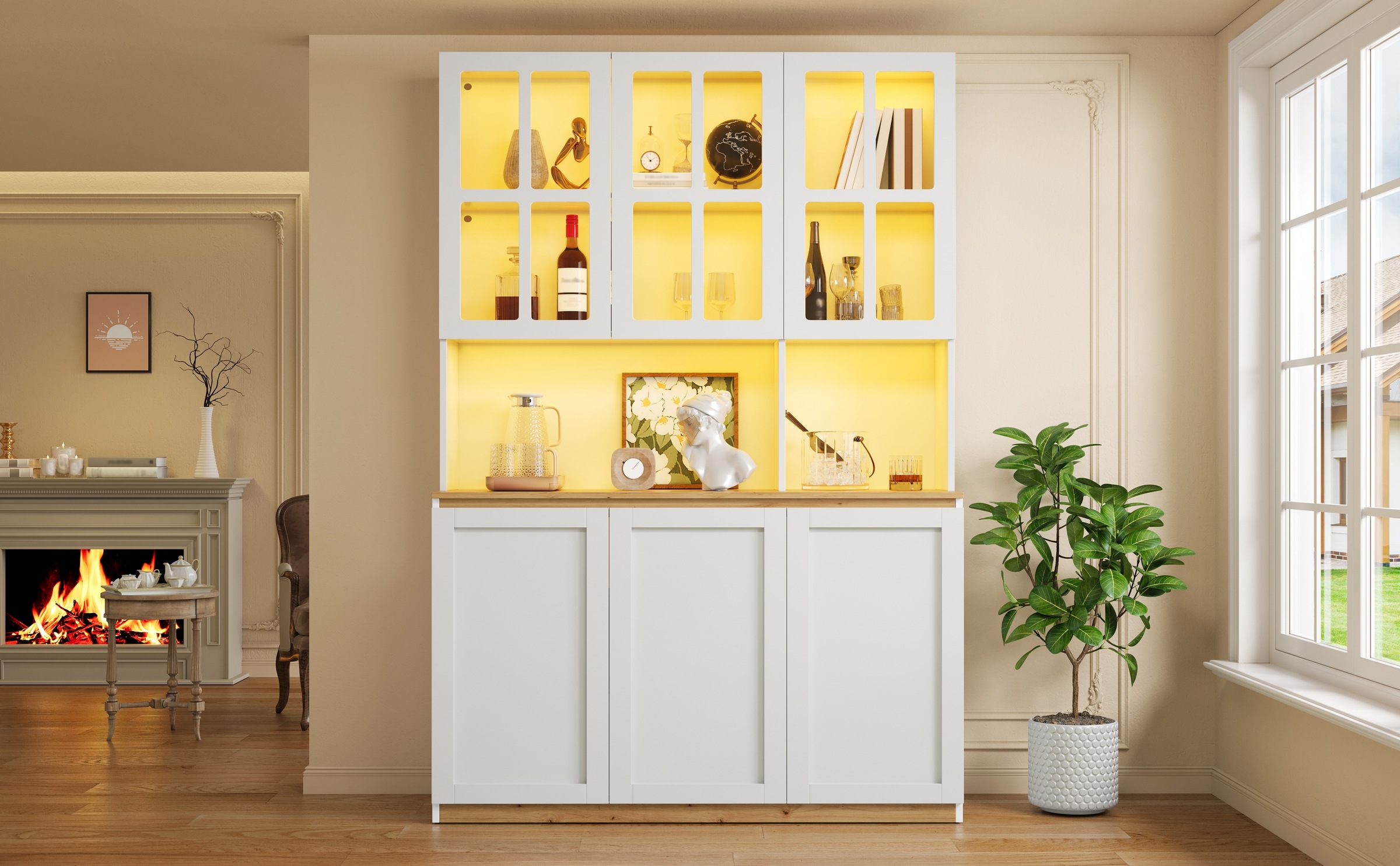 Vitrine Haute Blanc et Chêne - Éclairage LED, Portes, Étagères, Portes en Verre, Fermeture Douce, Rangement à Vin - MDF et Verre 2