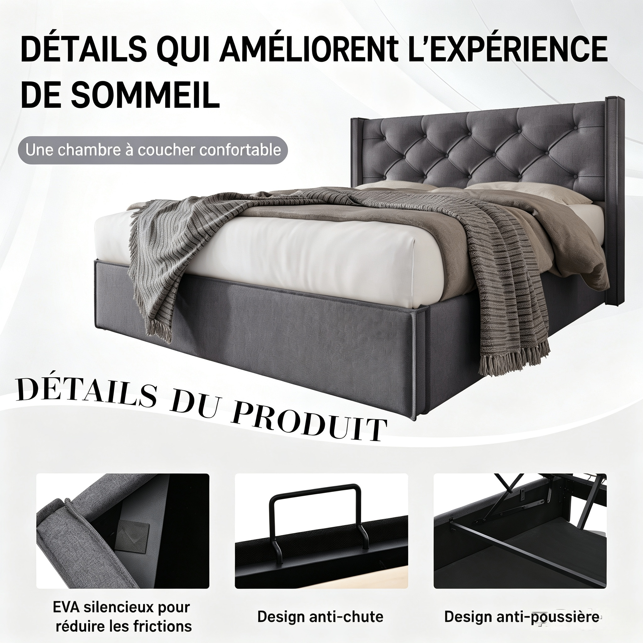 Lit rembourré double 140 x 200 cm, coffre hydraulique, lattes, coton, 203 x 151 x 110 cm, Gris