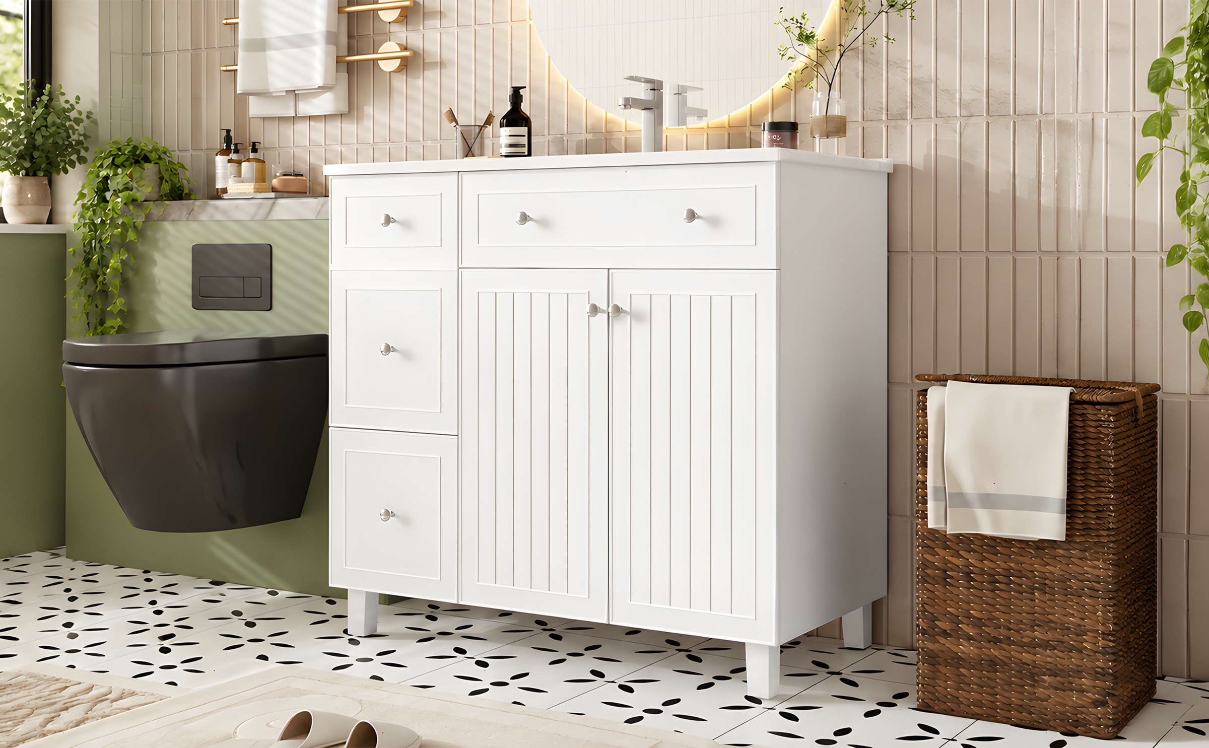 Meuble Vasque Blanc - Lavabo en Céramique Intégré, 4 Tiroirs, 2 Portes, Soft-Close - Céramique et MDF - 91.5×46.5×89cm 3