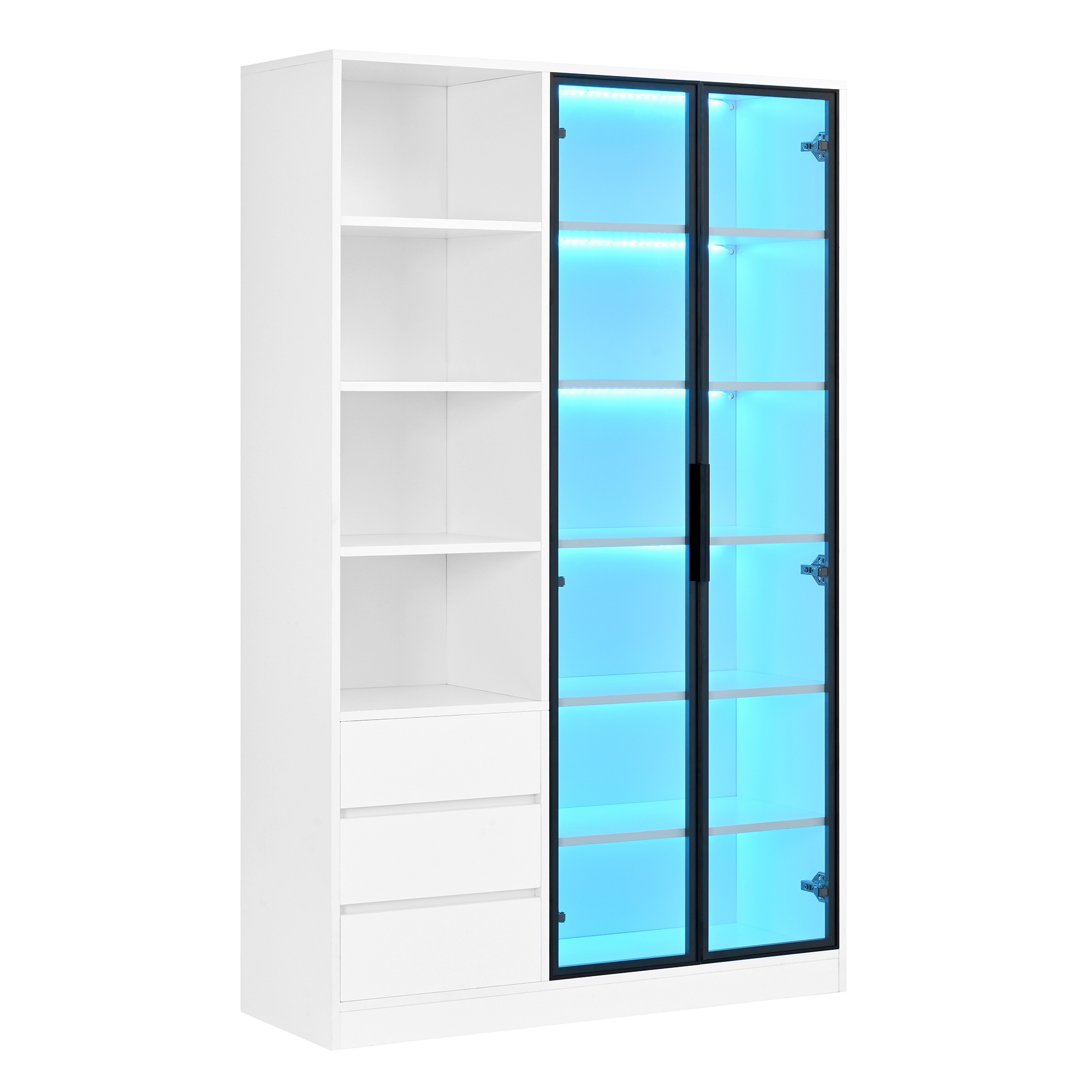 Vitrine Blanc - Éclairage LED, 3 Tiroirs, Portes, Étagères, Portes en Verre - MDF et Panneaux de Particules - 100×35×160cm 3