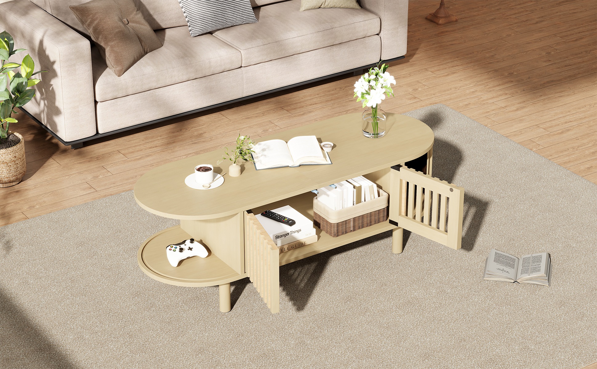 Table Basse Bois Naturel - 3 Portes, Plateau en Verre, Plateau Ovale, Pieds en Bois Massif, Jusqu'à 30 kg - MDF - 100×40×38cm 1