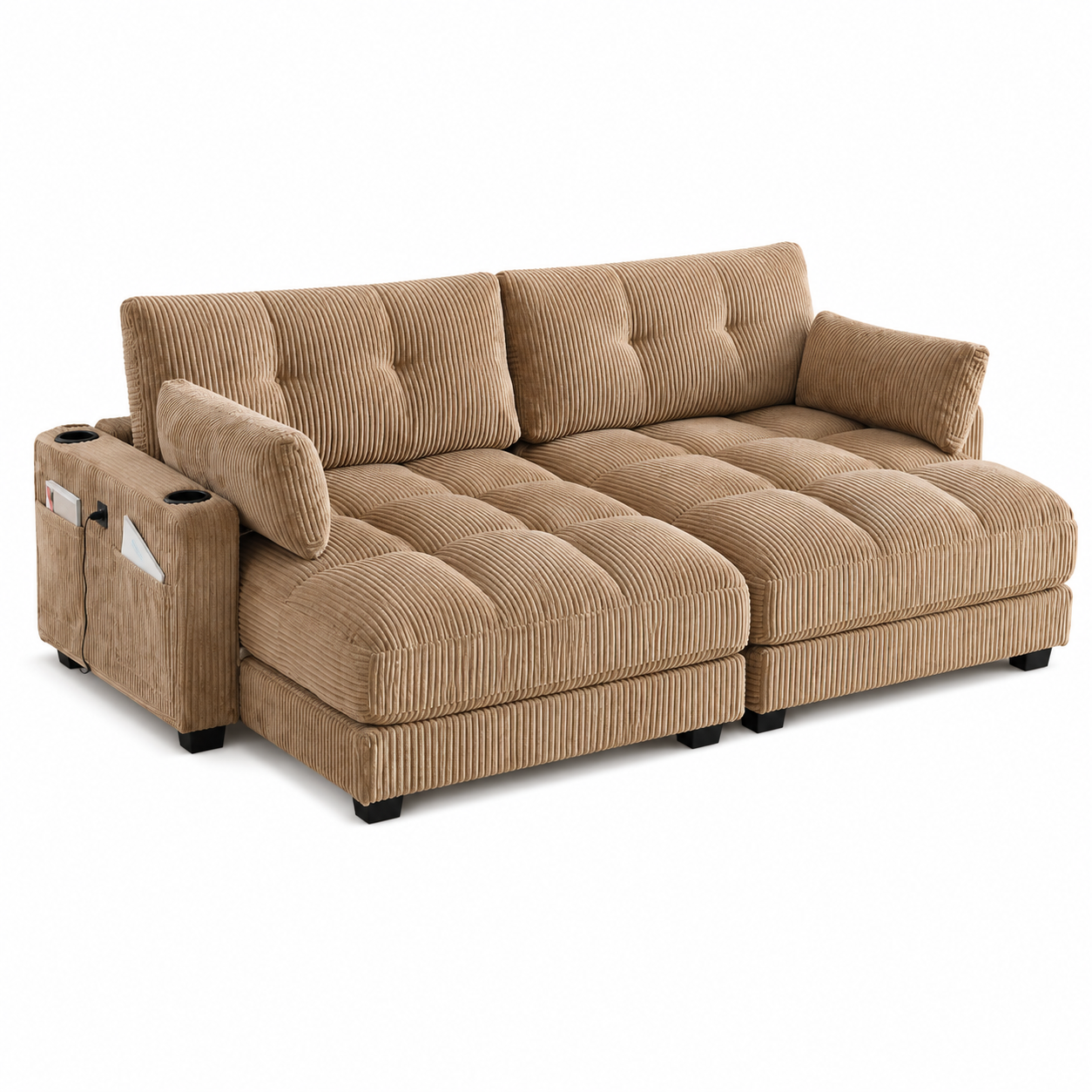 Canapé modulable 2 places 224 x 140 x 81 cm, avec poches latérales, porte-gobelets, port USB et prise électrique, Velours côtelé, taupe - vue complémentaire 1