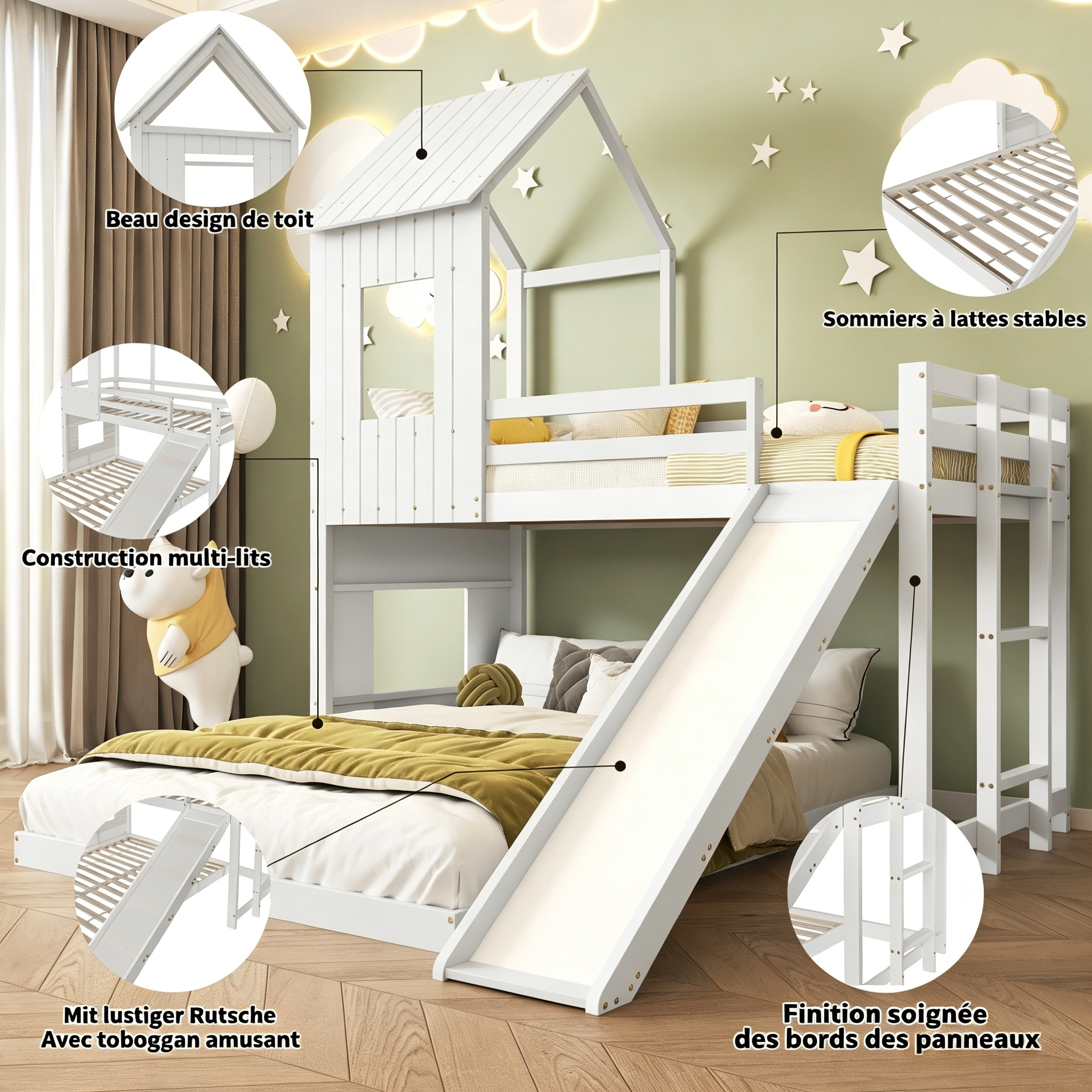 Lit superposé enfant avec toboggan, toit et fenêtres, pin et MDF, blanc, 90x200 et 140x200 cm 4