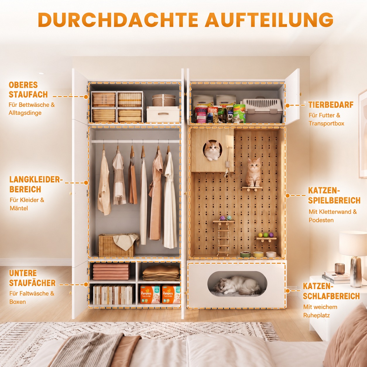 Armoire pour Chat Blanc et Bois, Mur d Escalade, Cachette Chat, Coussin Doux, Rangement - Particules et Bois - 180x50x200cm - Maison 6