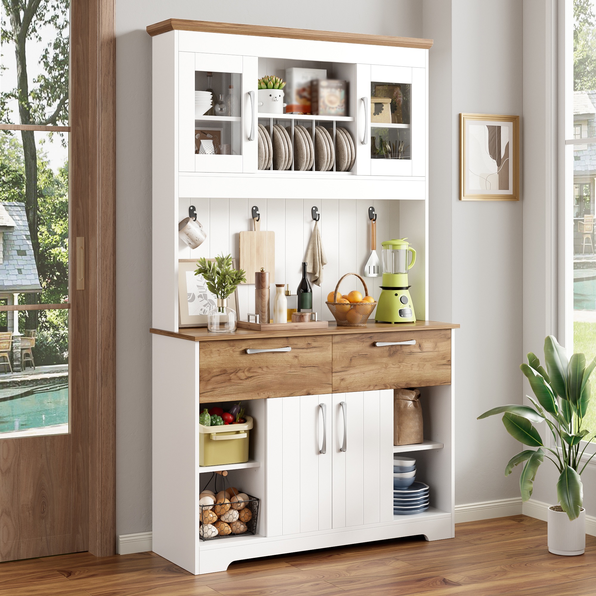 Vitrine Bois Naturel et Blanc - 2 Tiroirs, Portes, Étagères, Portes en Verre - Panneaux de Particules - 106×39×176.5cm 5