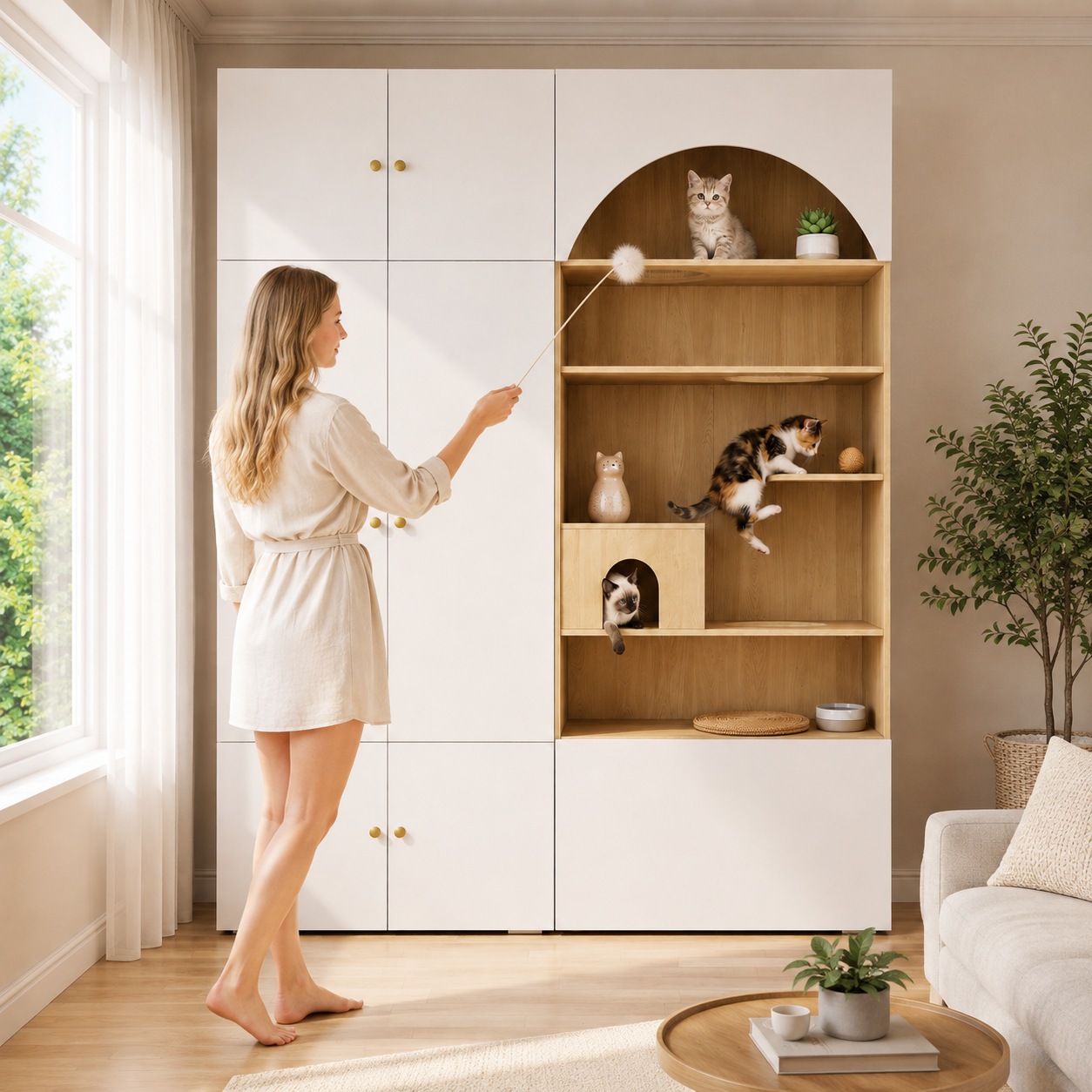 Armoire pour Chat Blanc et Bois, Mur d Escalade, Cachette Chat, Sans Coussin, Rangement - Particules et Bois - 180x50x200cm - Maison 5