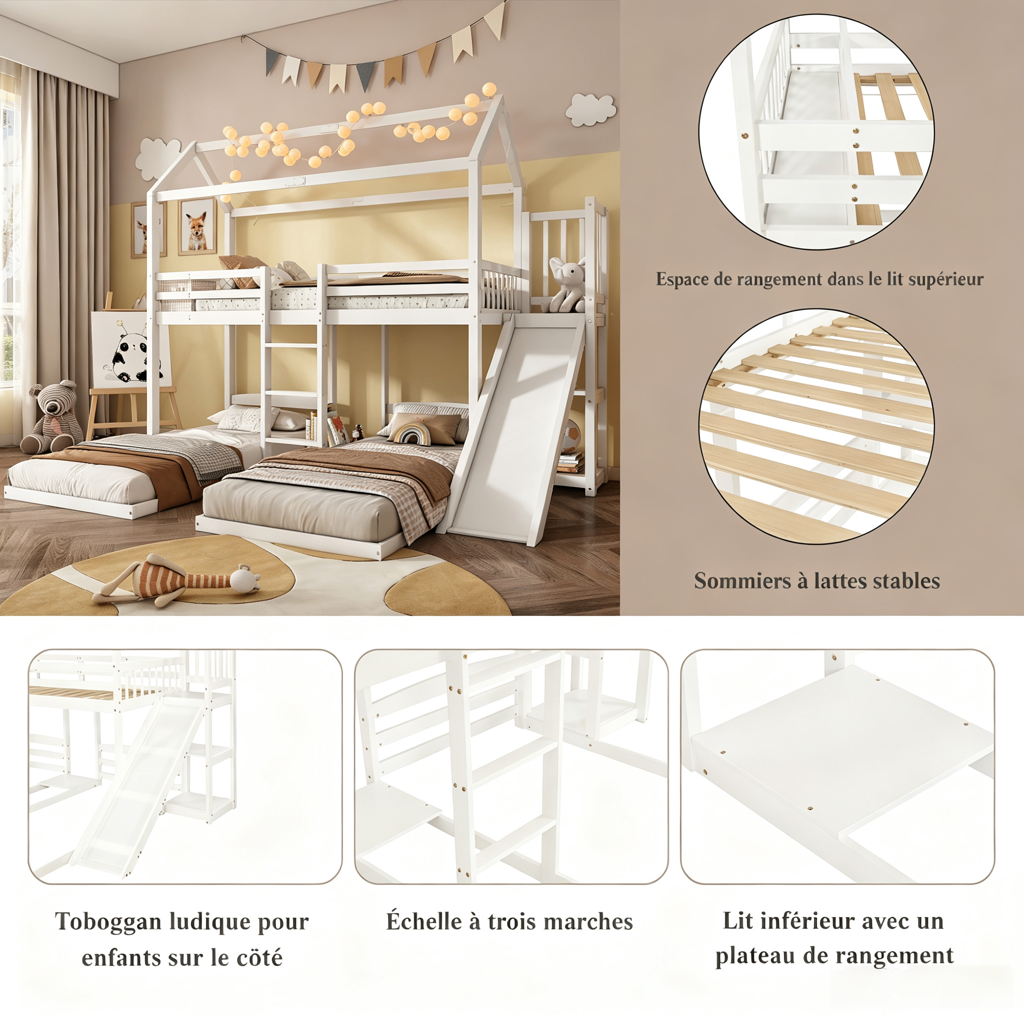 Lit superposé enfant avec toit, toboggan et rangement intégré, pin et MDF, blanc, 90x200 cm 4