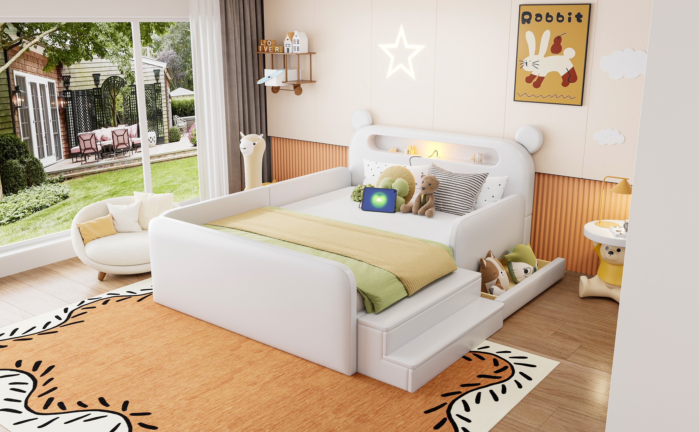 Lit enfant 140×200 cm - Tête de lit Ours - Veilleuse - USB - Rangement intégré - Marche d appoint - Simili cuir - Blanc 4