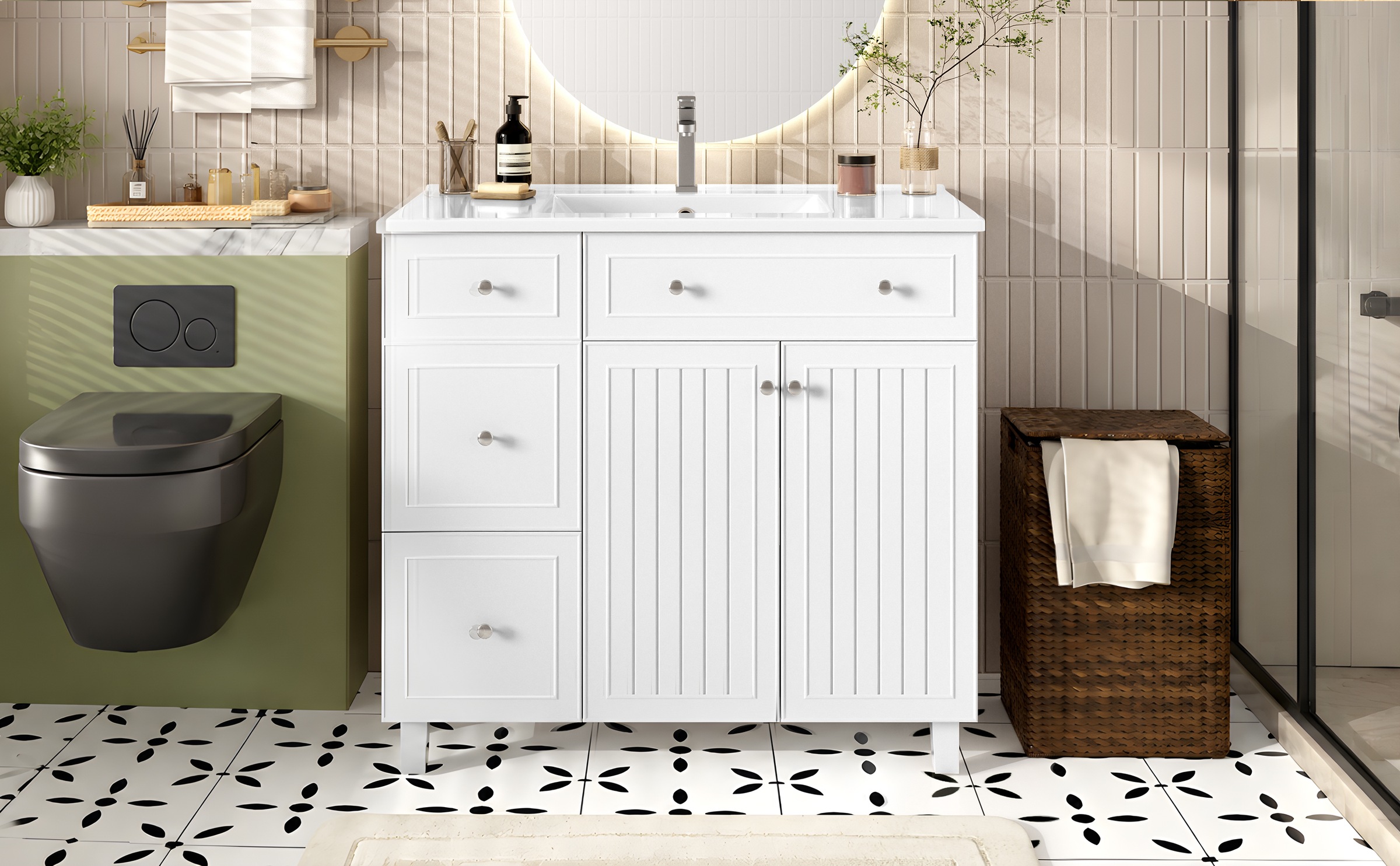 Meuble Vasque Blanc - Lavabo en Céramique Intégré, 4 Tiroirs, 2 Portes, Soft-Close - Céramique et MDF - 91.5×46.5×89cm 1