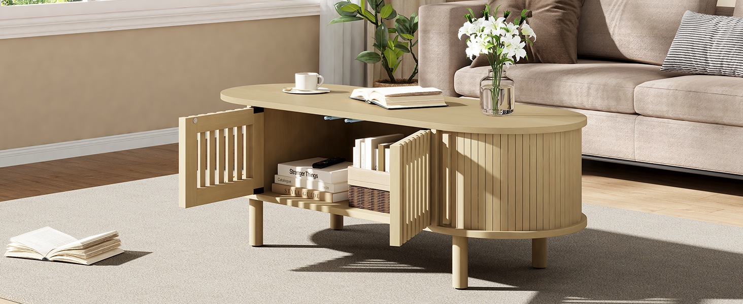 Table Basse Bois Naturel - 3 Portes, Plateau en Verre, Plateau Ovale, Pieds en Bois Massif, Jusqu'à 30 kg - MDF - 100×40×38cm 6