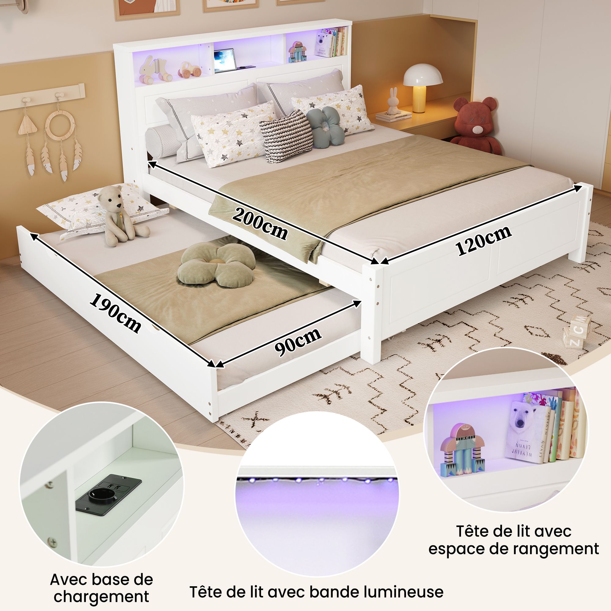 Lit double familial avec lit tirant 90x190 cm, LED et rangements, pin et MDF, blanc, 120x200 cm 5