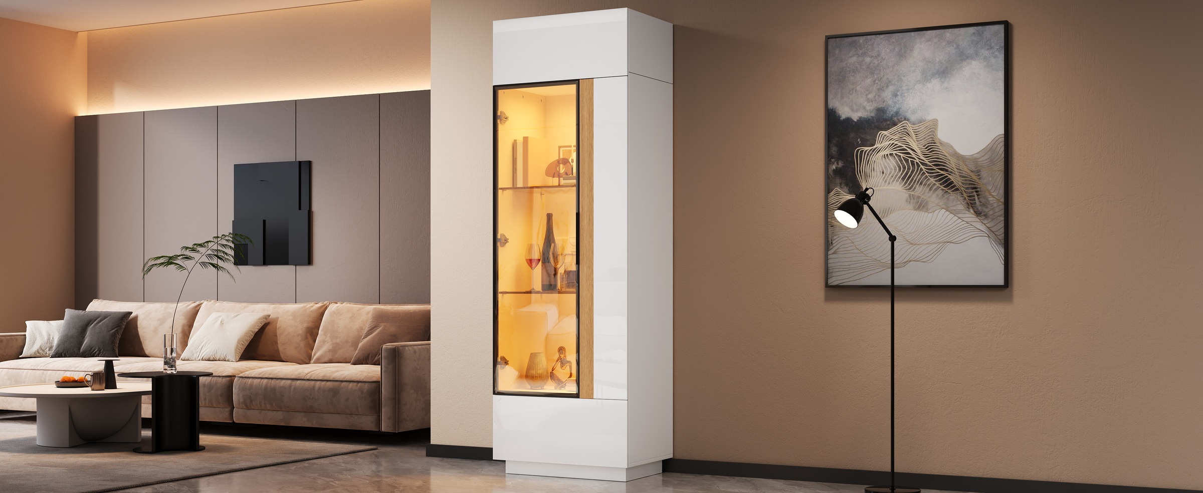 Vitrine Haute Blanc - Éclairage LED, Portes, Portes en Verre, Éclairage Connecté - Panneaux de Particules - 60×40×180cm 1