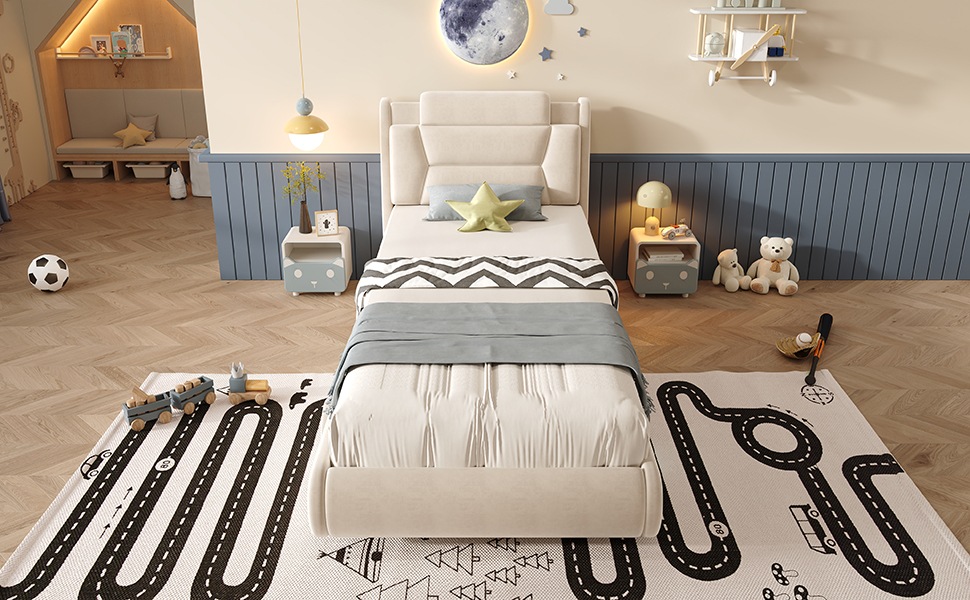 Lit Enfant Voiture Beige - Design Voiture, Éclairage LED, Sommier à Lattes - Velours - 227×103.5×109cm - Chambre et Salon 2