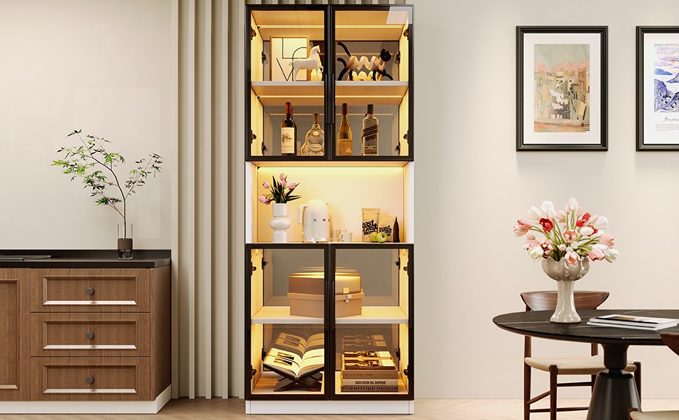 Vitrine Haute Blanc - Éclairage LED, Portes, Étagères, Portes en Verre - MDF et Verre - 70×30×170cm - Salon et Salle à Manger 1