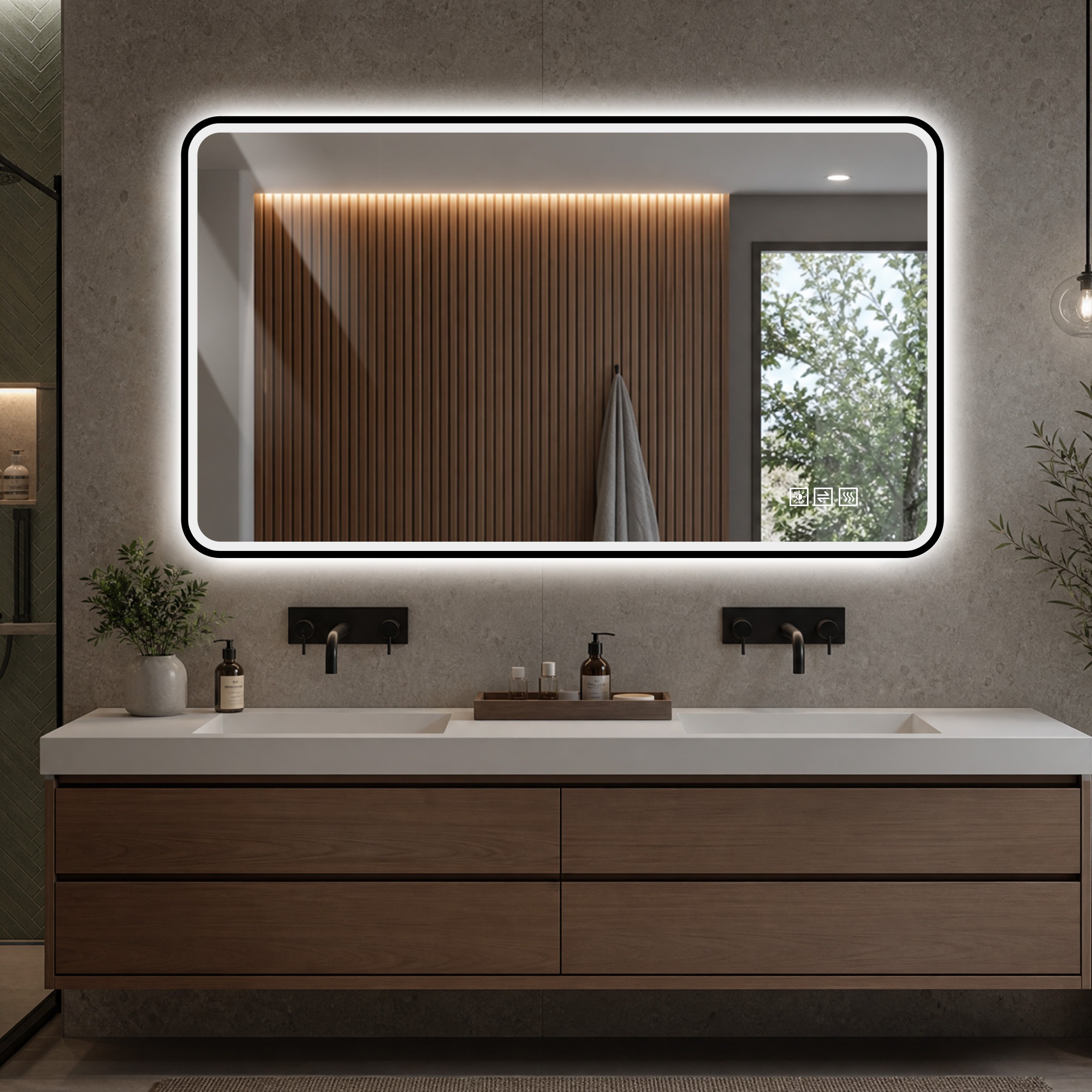 Miroir de Salle de Bain Noir, Cadre Aluminium, Éclairage LED, Anti-Buée, IP44 - Aluminium et Verre - 90x70x4cm - Salle de Bain 3