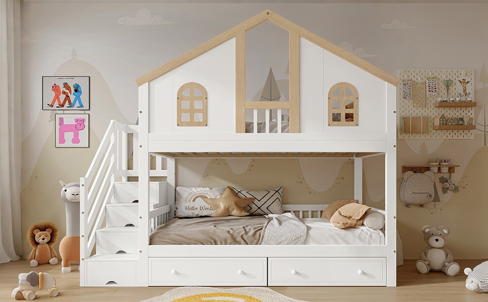 Lit superposé enfant 90×200 cm - Design maison - Escalier de rangement - Tiroirs - Barrière de sécurité - Bois - Blanc et naturel 1
