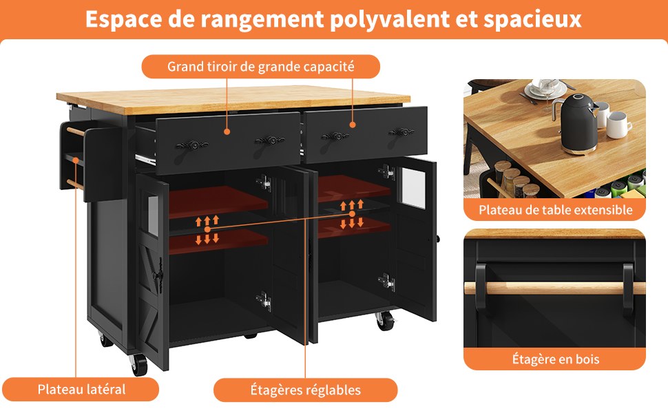 Îlot central de cuisine Noir, vue 3