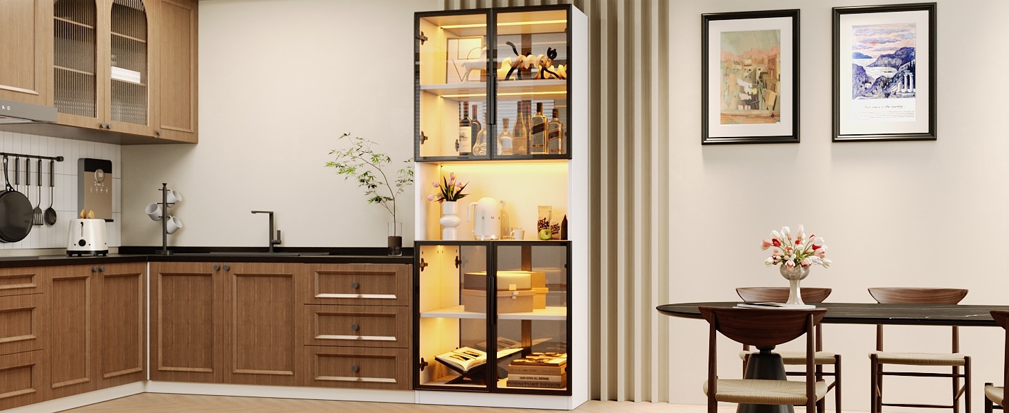 Vitrine Haute Blanc - Éclairage LED, Portes, Étagères, Portes en Verre - MDF et Verre - 70×30×170cm - Salon et Salle à Manger 6
