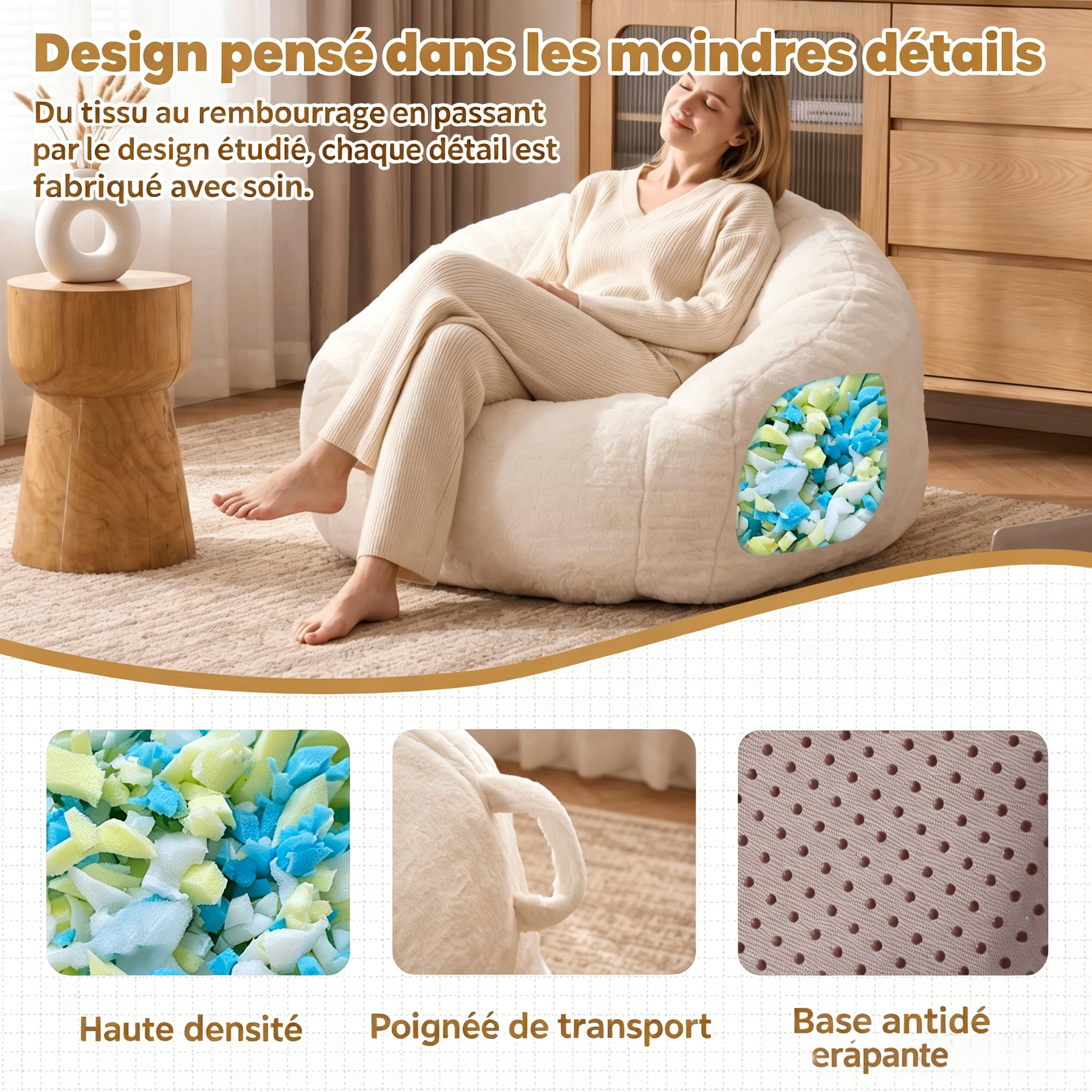 Pouf blanc adulte enfant moelleux 98x98x60 cm - vue 4