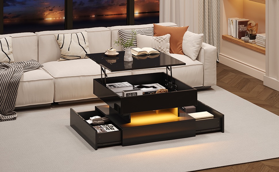 Table Basse Noir - Plateau Relevable, 2 Tiroirs, Éclairage LED Connecté, Rangement Intégré - Panneaux de Particules - 65×65×38.5cm 1