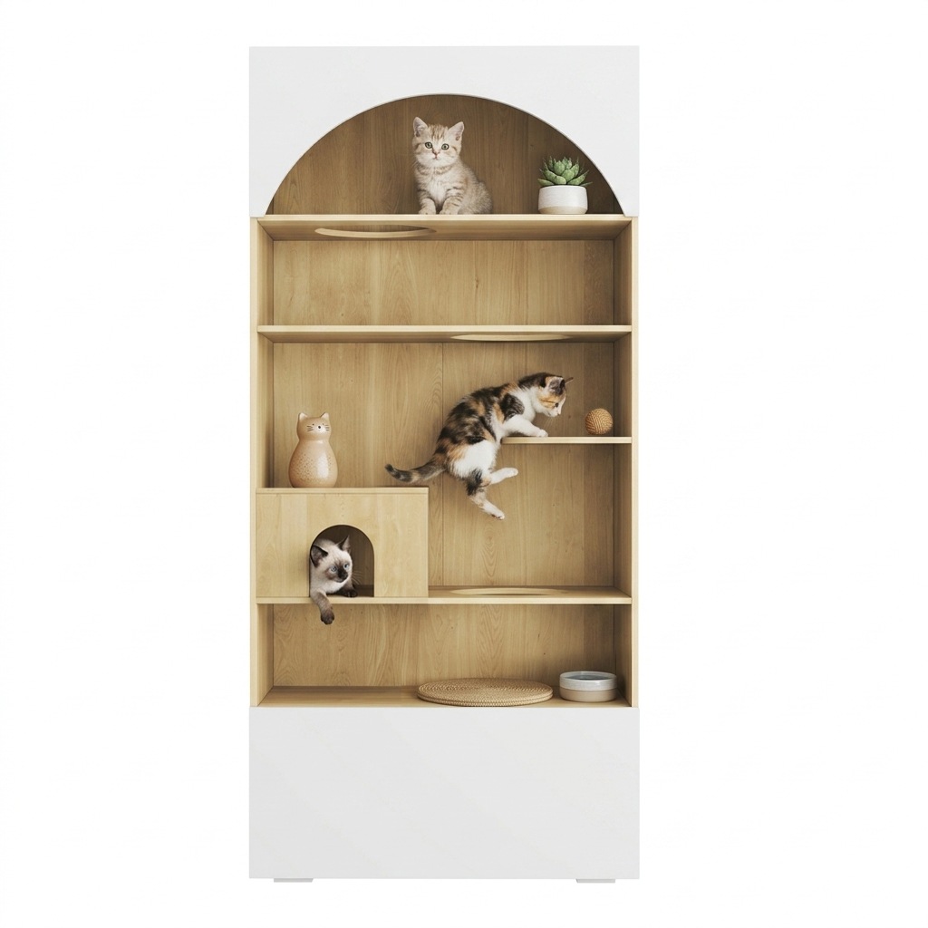 Armoire pour Chat Blanc et Bois, Mur d Escalade, Cachette Chat, Sans Coussin, Rangement - Particules et Bois - 90x50x200cm - Maison 6