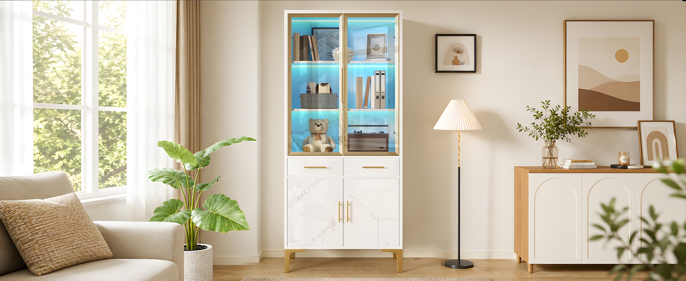 Vitrine Haute Blanc - Éclairage LED, 2 Tiroirs, Portes, Étagères, Portes en Verre - MDF et Panneaux de Particules - 75×38×170cm 2